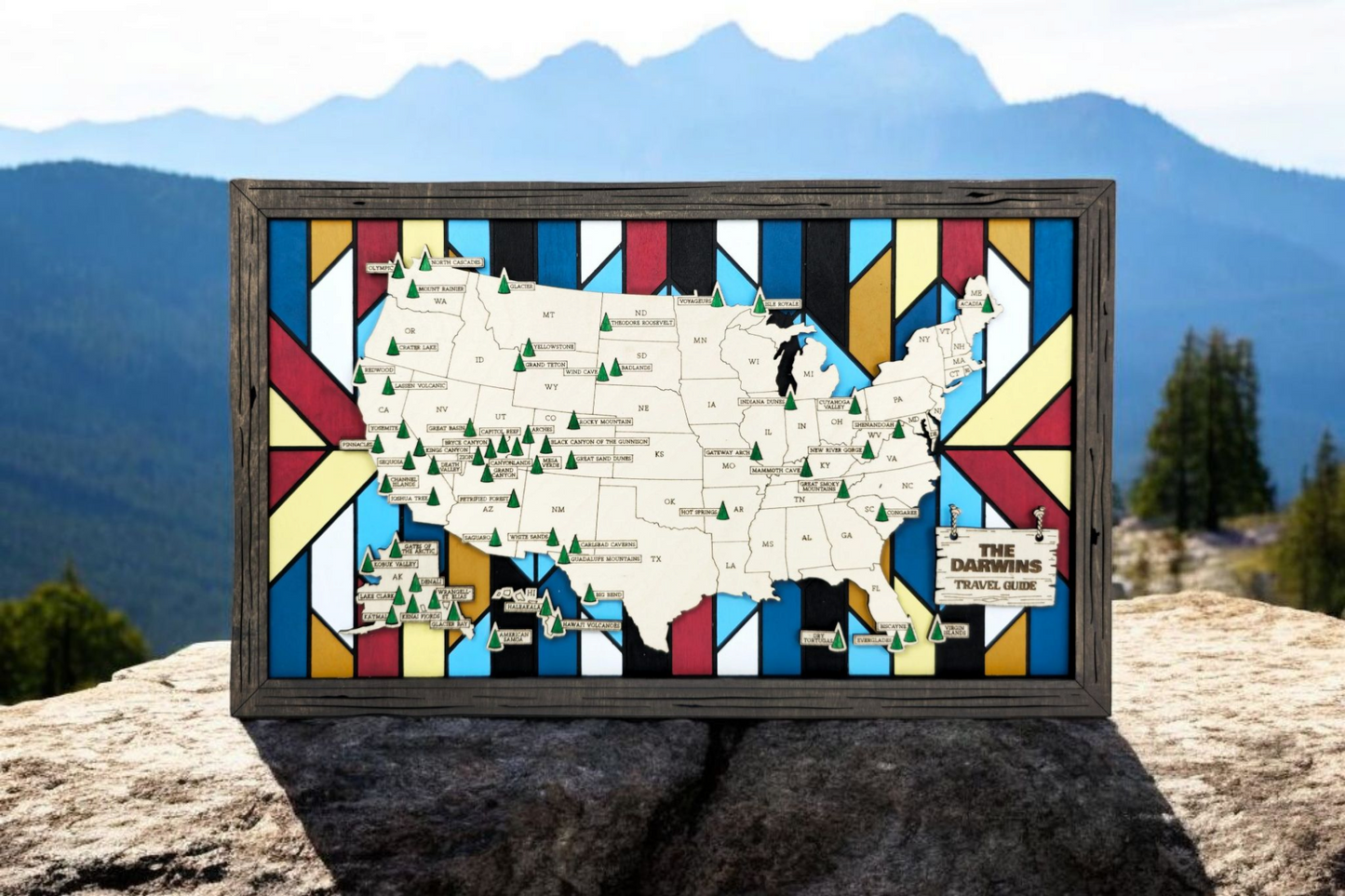 The National Parks Travel Map 2 - 10 Backgrounds & 5 Customizable Name Plates - SVG, PDF, AI File Download - Works with all Laser Types