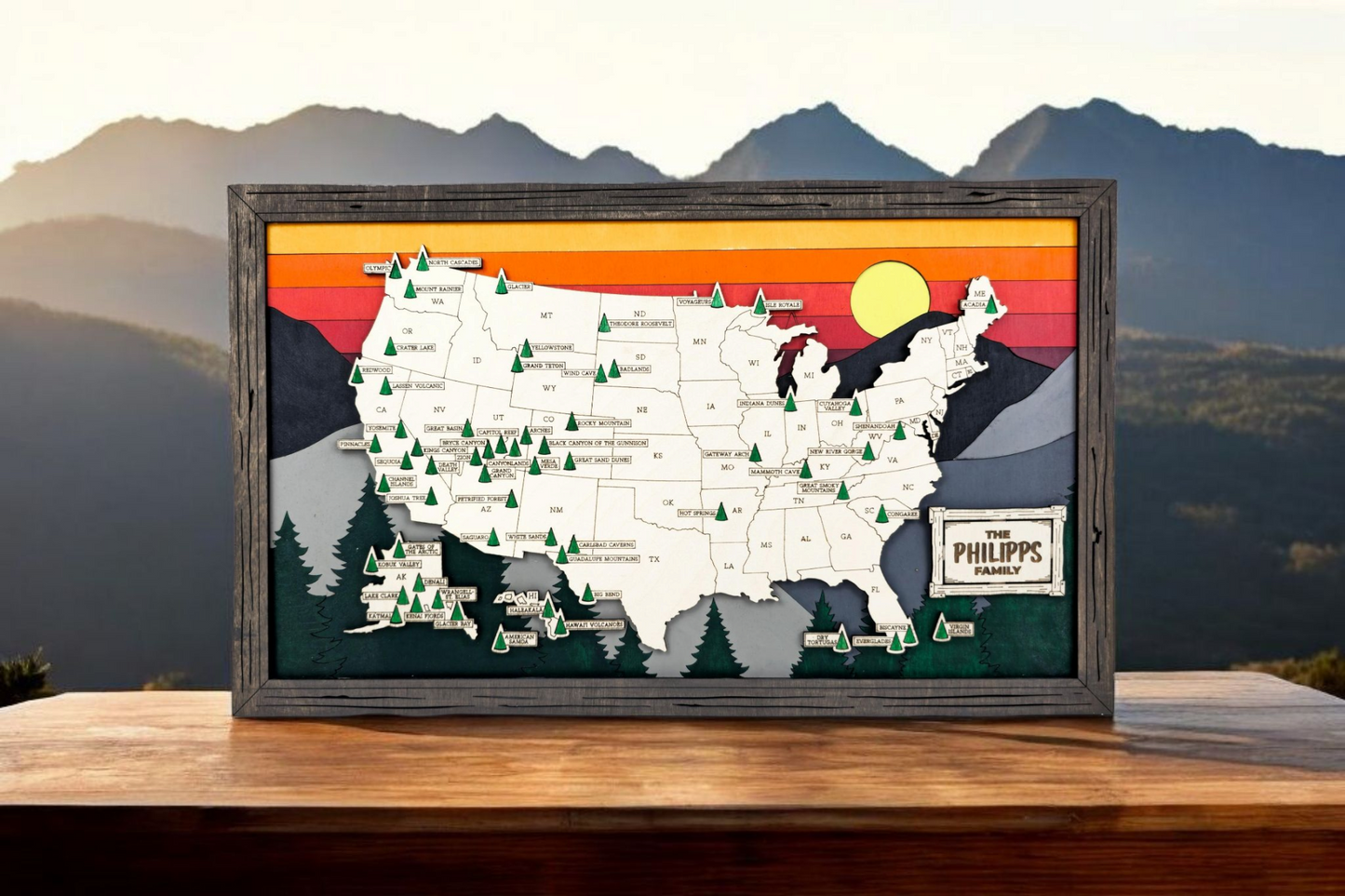 The National Parks Travel Map 2 - 10 Backgrounds & 5 Customizable Name Plates - SVG, PDF, AI File Download - Works with all Laser Types