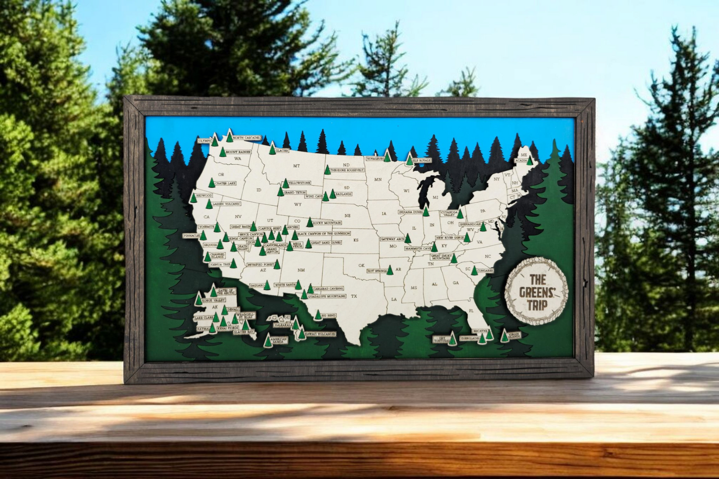 The National Parks Travel Map 2 - 10 Backgrounds & 5 Customizable Name Plates - SVG, PDF, AI File Download - Works with all Laser Types