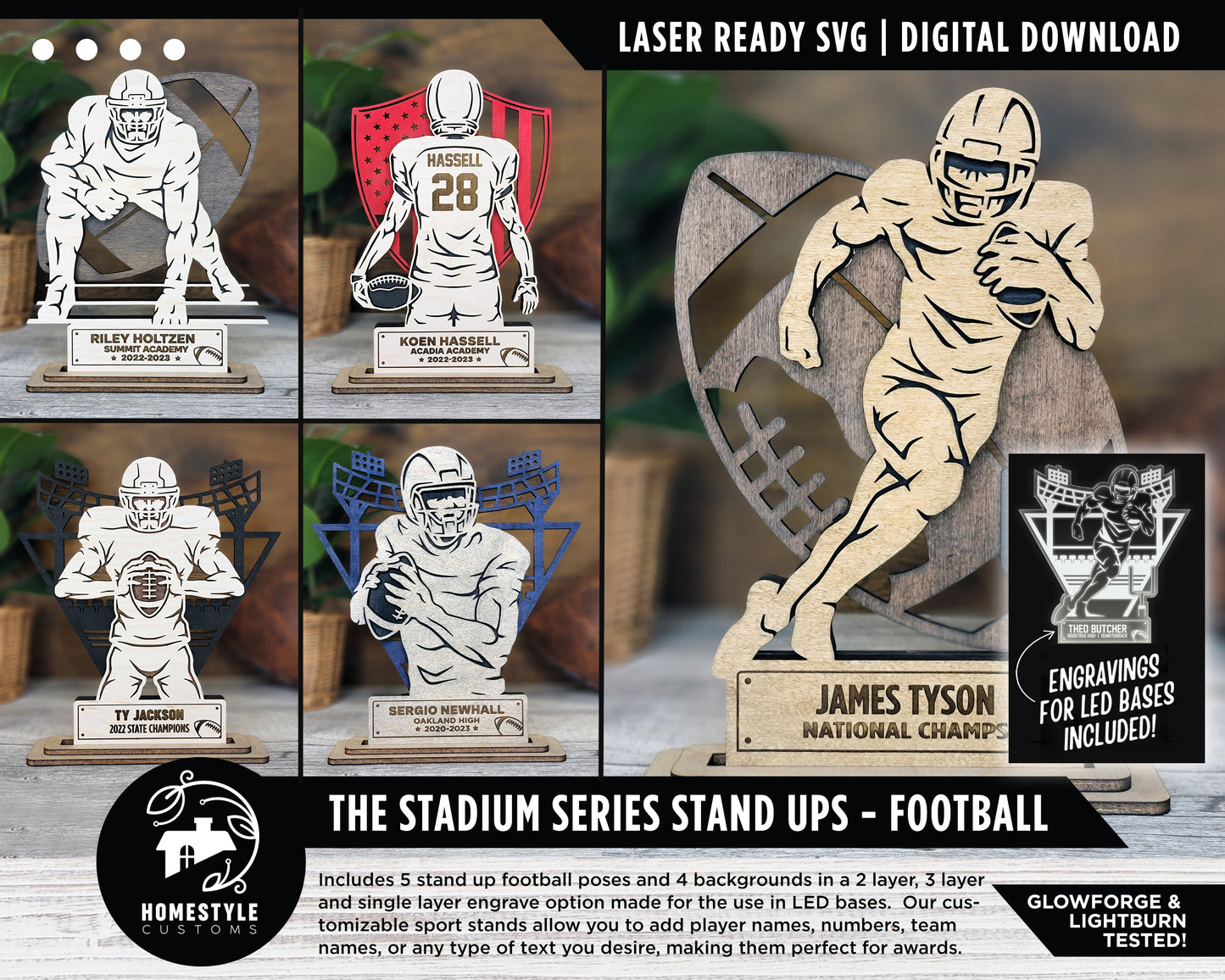 Stadium Series Stand Ups - Football - 5 poses in 2 cut formats and 1 engrave option included - Tested on Glowforge & Lightburn