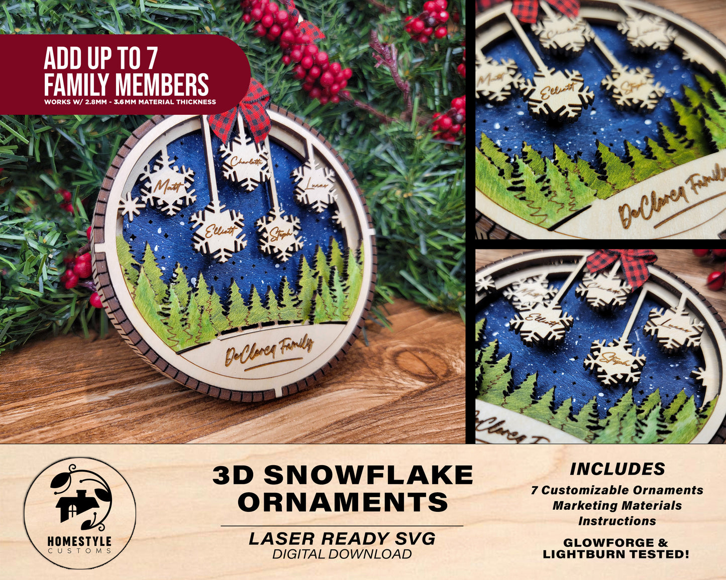 3D Snowflake Ornament - Personalize with 1 to 7 Names - SVG, PDF, AI File types - Works With All Lasers