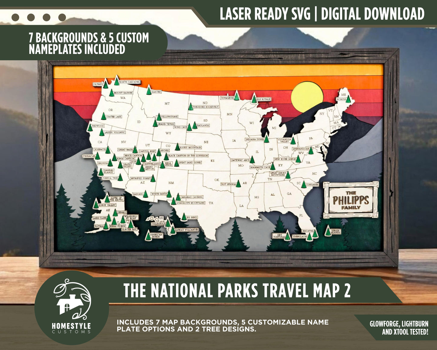 The National Parks Travel Map 2 - 10 Backgrounds & 5 Customizable Name Plates - SVG, PDF, AI File Download - Works with all Laser Types