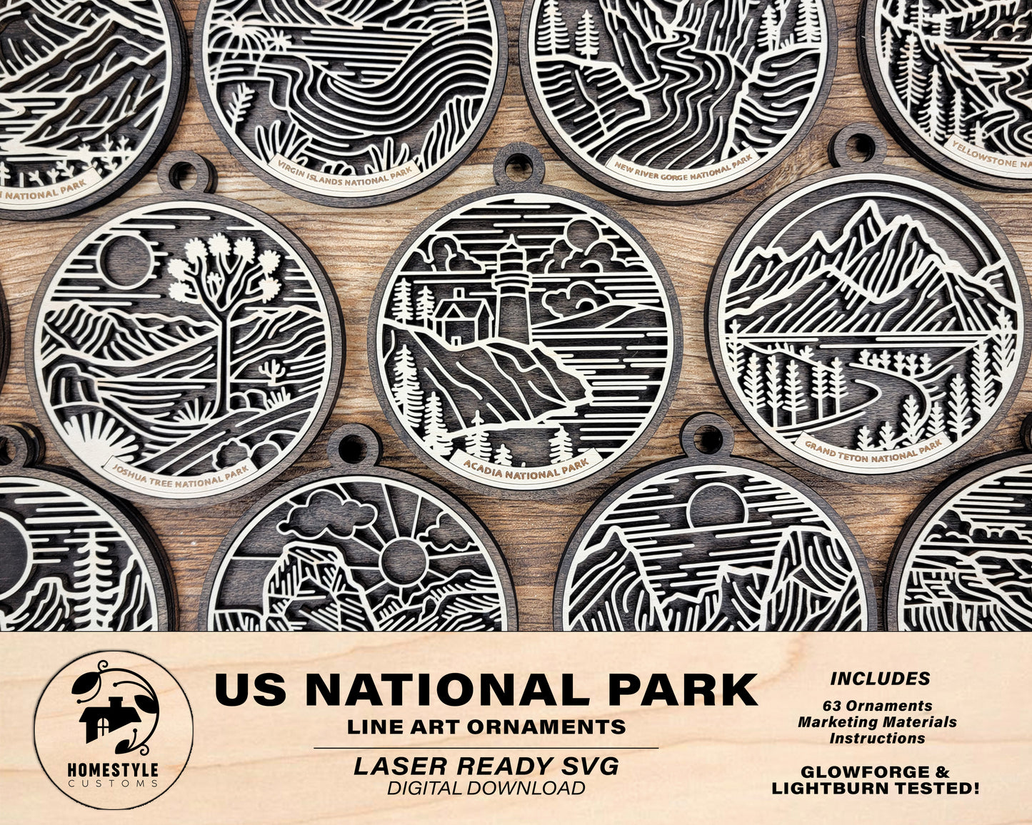 US National Park Line Art Ornaments - 63 Parks includes - SVG, PDF, ai File Download - Works with all Lasers