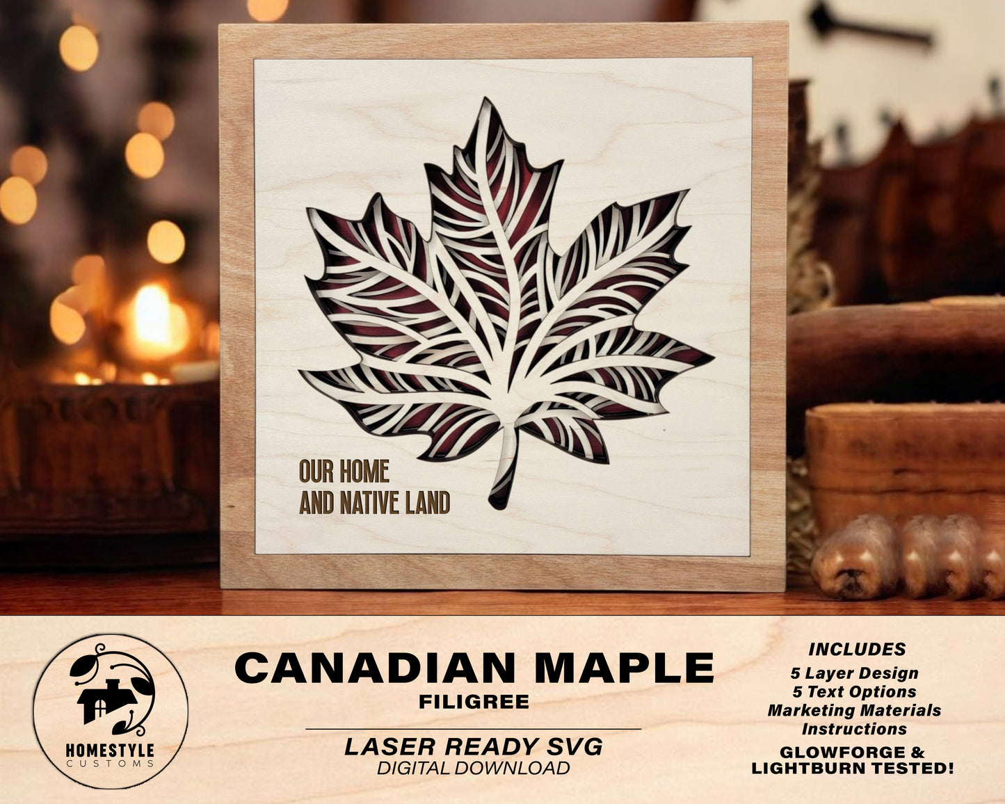 Canadian Maple Filigree - 5 Layer Design with 6 Text Options - SVG, PDF, AI File Download - Works with all Laser Types