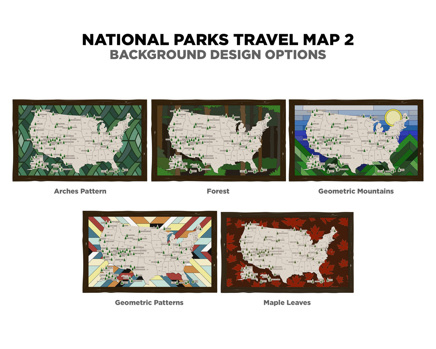 The National Parks Travel Map 2 - 10 Backgrounds & 5 Customizable Name Plates - SVG, PDF, AI File Download - Works with all Laser Types