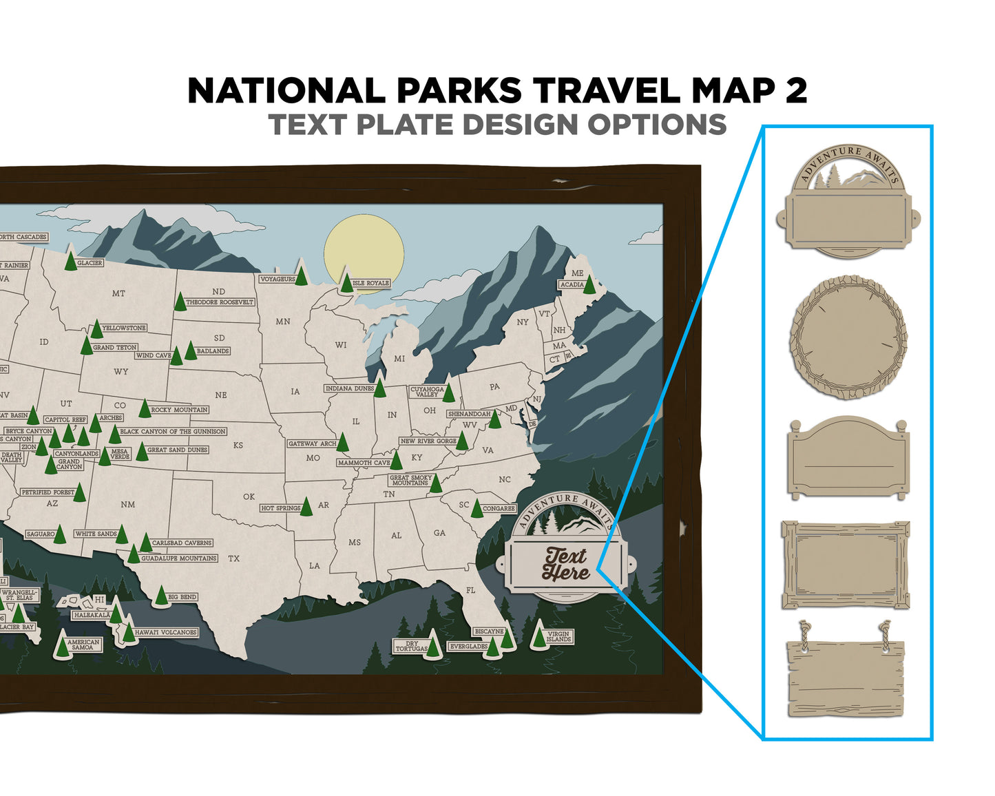 The National Parks Travel Map 2 - 10 Backgrounds & 5 Customizable Name Plates - SVG, PDF, AI File Download - Works with all Laser Types