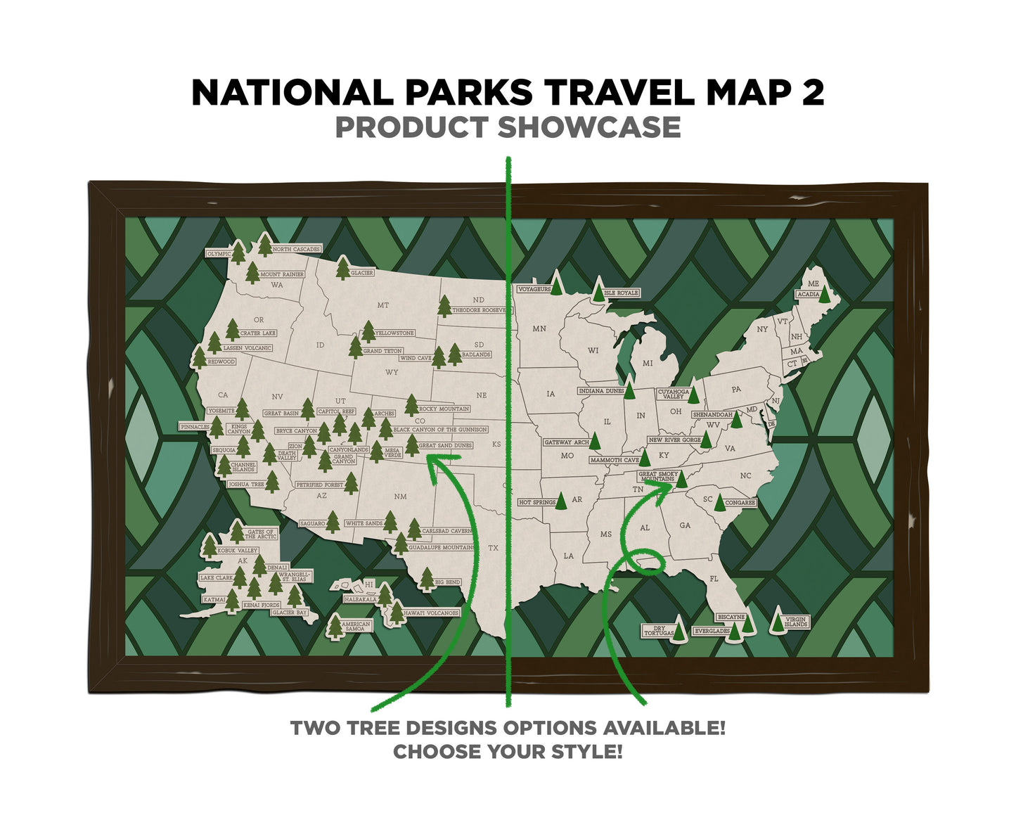 The National Parks Travel Map 2 - 10 Backgrounds & 5 Customizable Name Plates - SVG, PDF, AI File Download - Works with all Laser Types