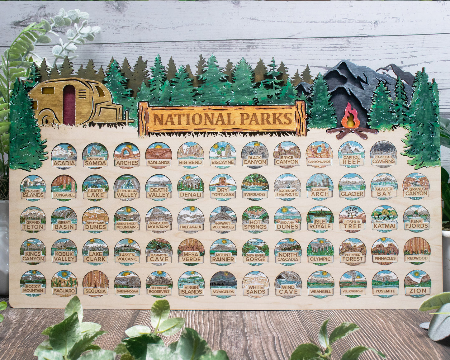 National Park Tracker - 13 Design Variations with 63 insertable tokens and 6 text options - Glowforge & Lightburn Tested