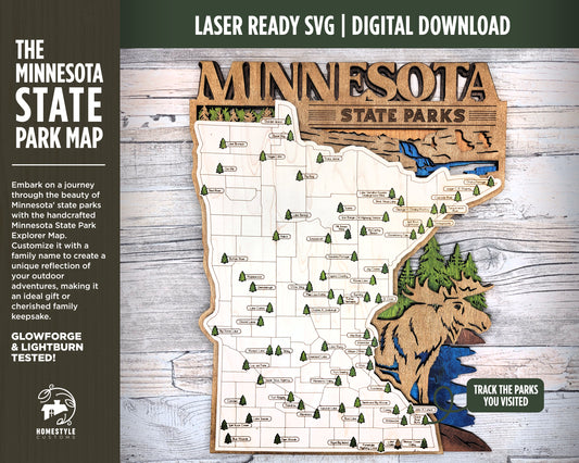 The Minnesota State Park Map - Custom and Non Customizable Options - SVG, PDF File Download - Tested in Lightburn and Glowforge