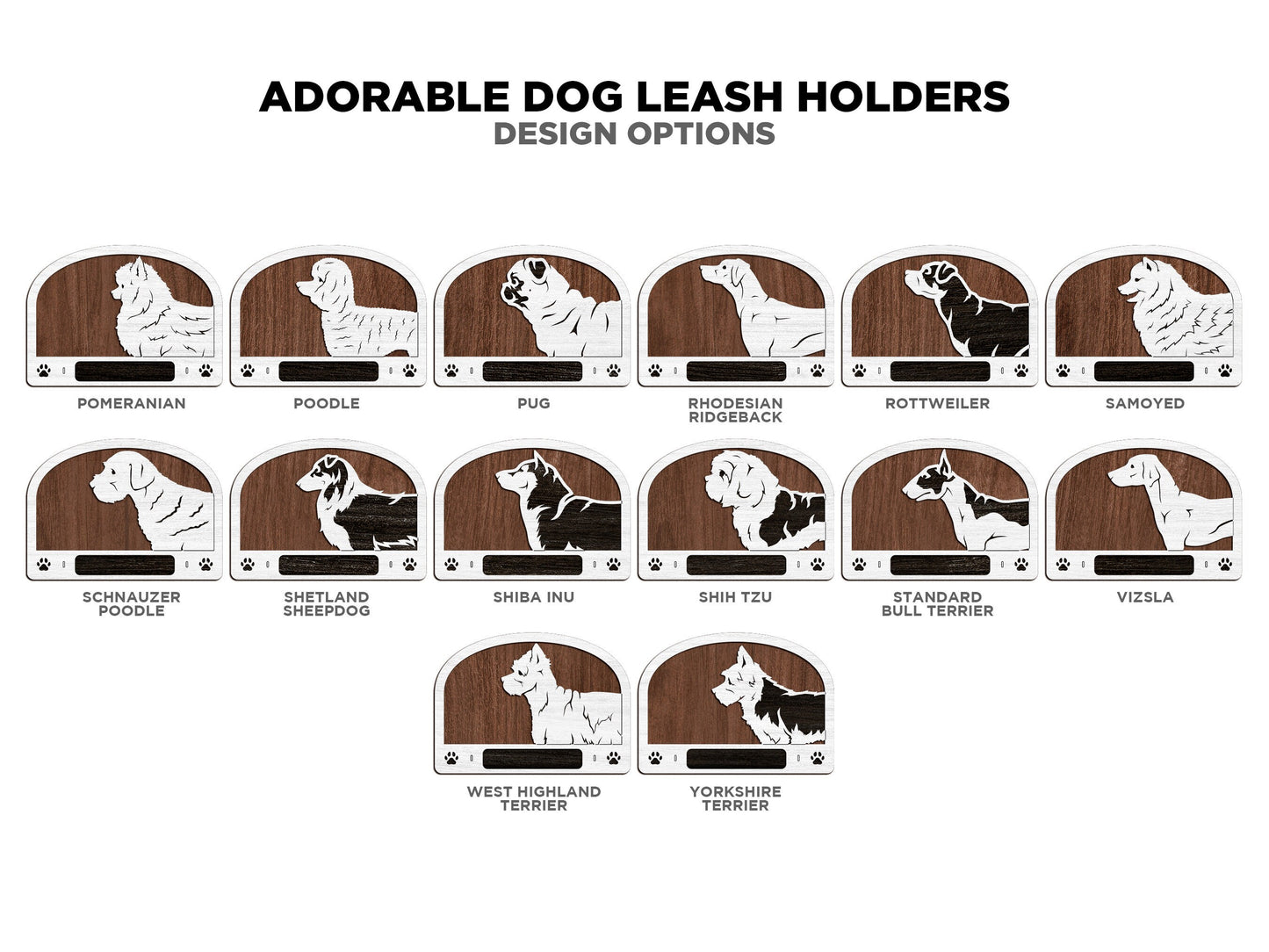 Adorable Dog Leash Holders - Pack 1 - 50 Breeds included - SVG, PDF, AI file types - Glowforge and Lightburn Tested