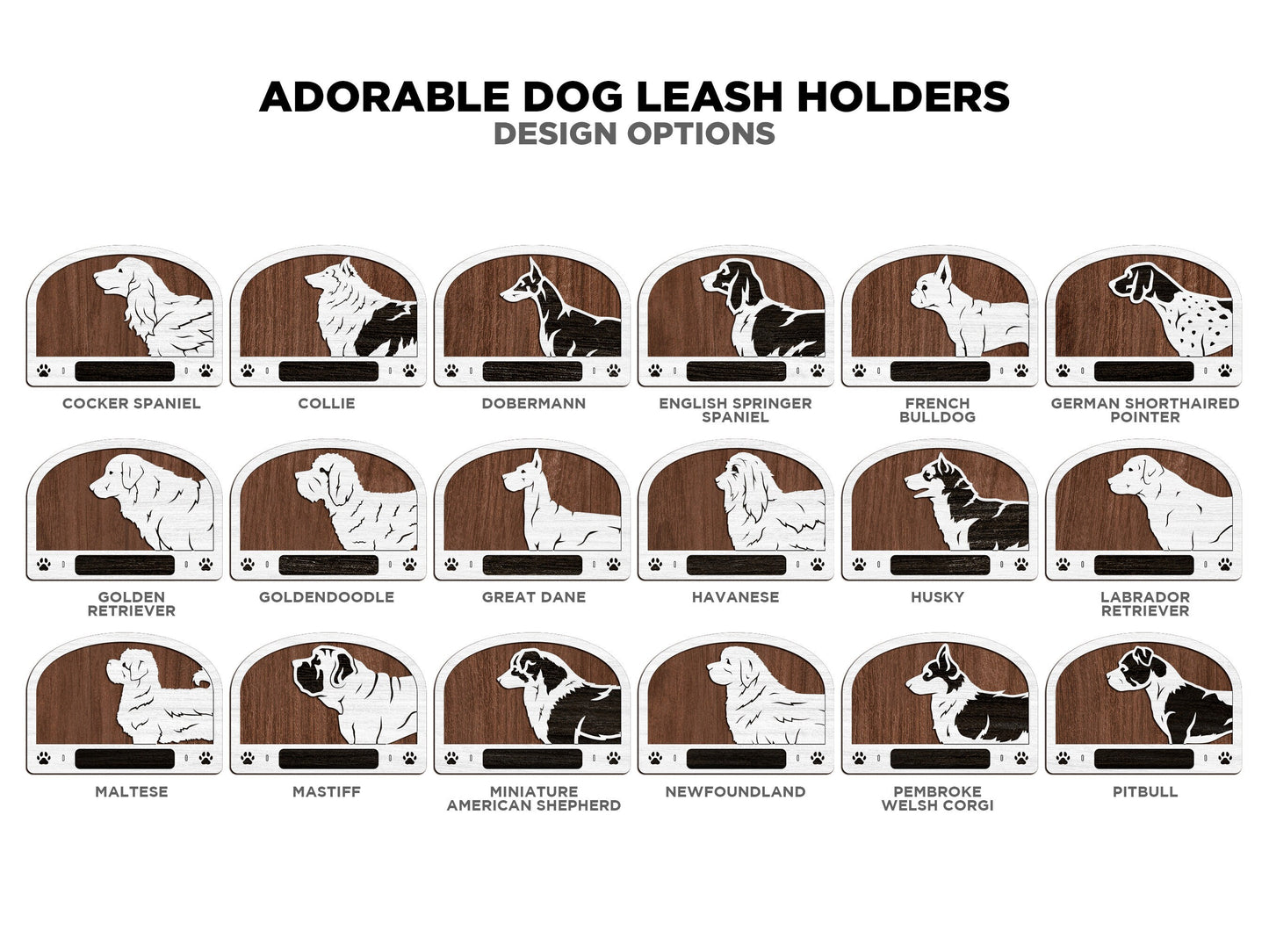 Adorable Dog Leash Holders - Pack 1 - 50 Breeds included - SVG, PDF, AI file types - Glowforge and Lightburn Tested