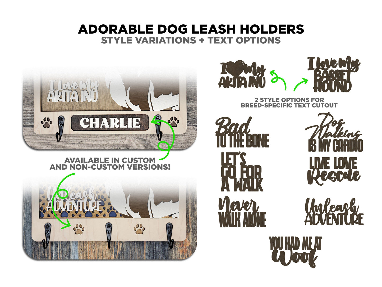 Adorable Dog Leash Holders - Pack 1 - 50 Breeds included - SVG, PDF, AI file types - Glowforge and Lightburn Tested