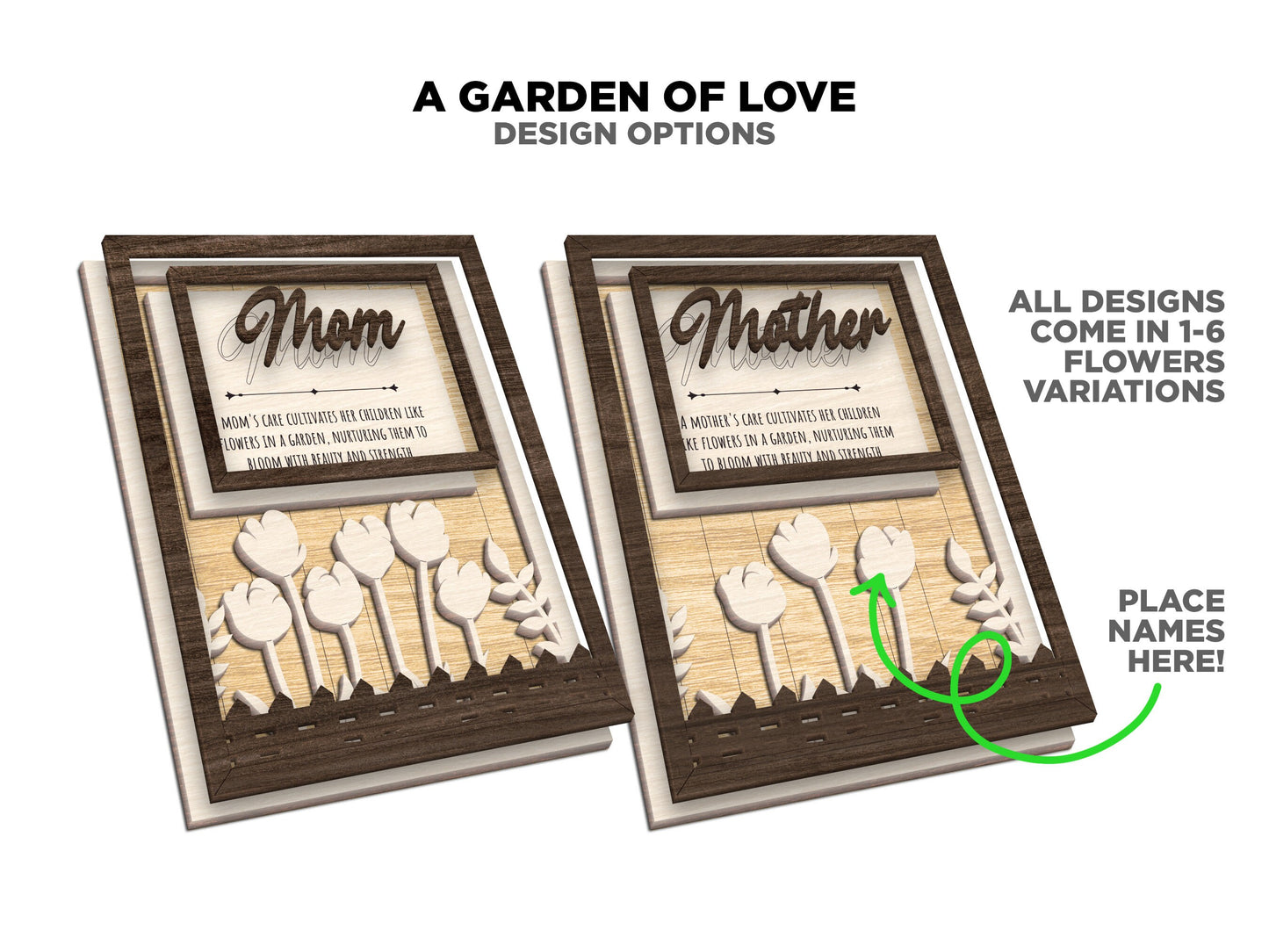 Garden of Love Signage - 1-6 Name - 11 variations of 'mom' - Tested on Glowforge, Xtool & Lightburn