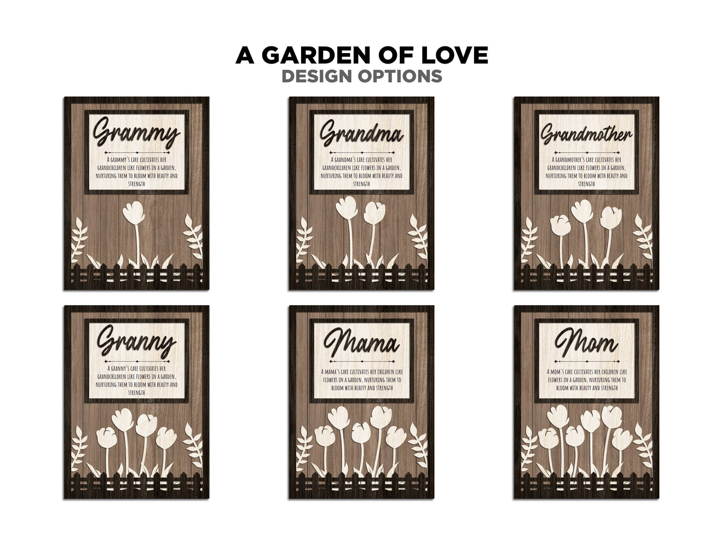 Garden of Love Signage - 1-6 Name - 11 variations of 'mom' - Tested on Glowforge, Xtool & Lightburn