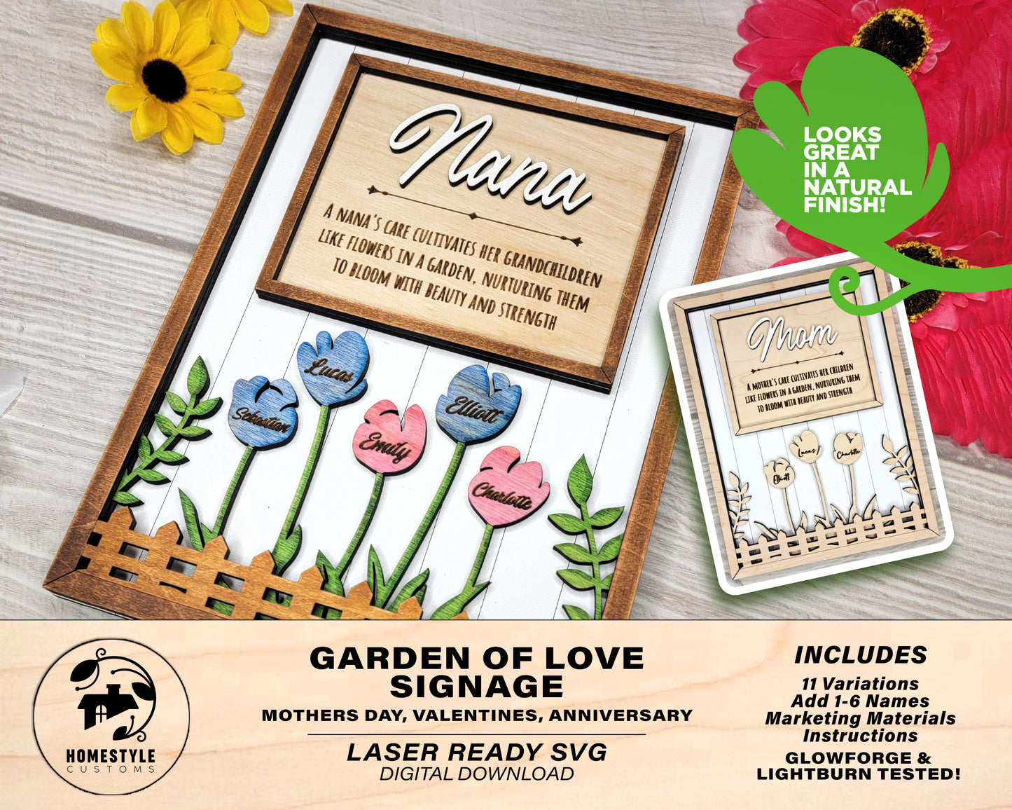 Garden of Love Signage - 1-6 Name - 11 variations of 'mom' - Tested on Glowforge, Xtool & Lightburn