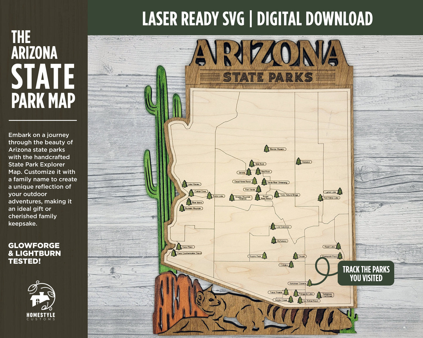 The Arizona State Park Map - Custom and Non Customizable Options - SVG, PDF File Download - Tested in Lightburn and Glowforge & Xtool