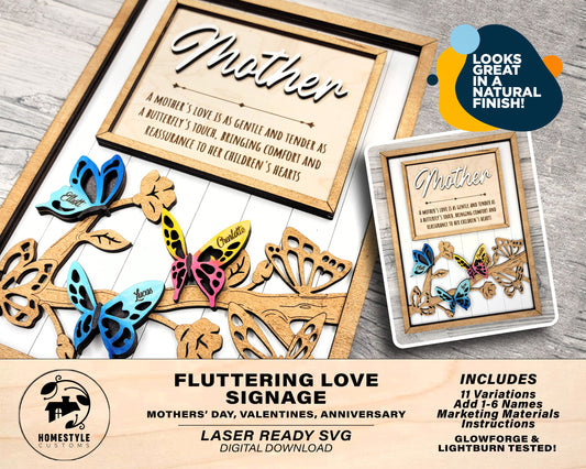Fluttering Love Signage - 1-6 Name - 11 variations of 'mom' - Tested on Glowforge, Xtool & Lightburn