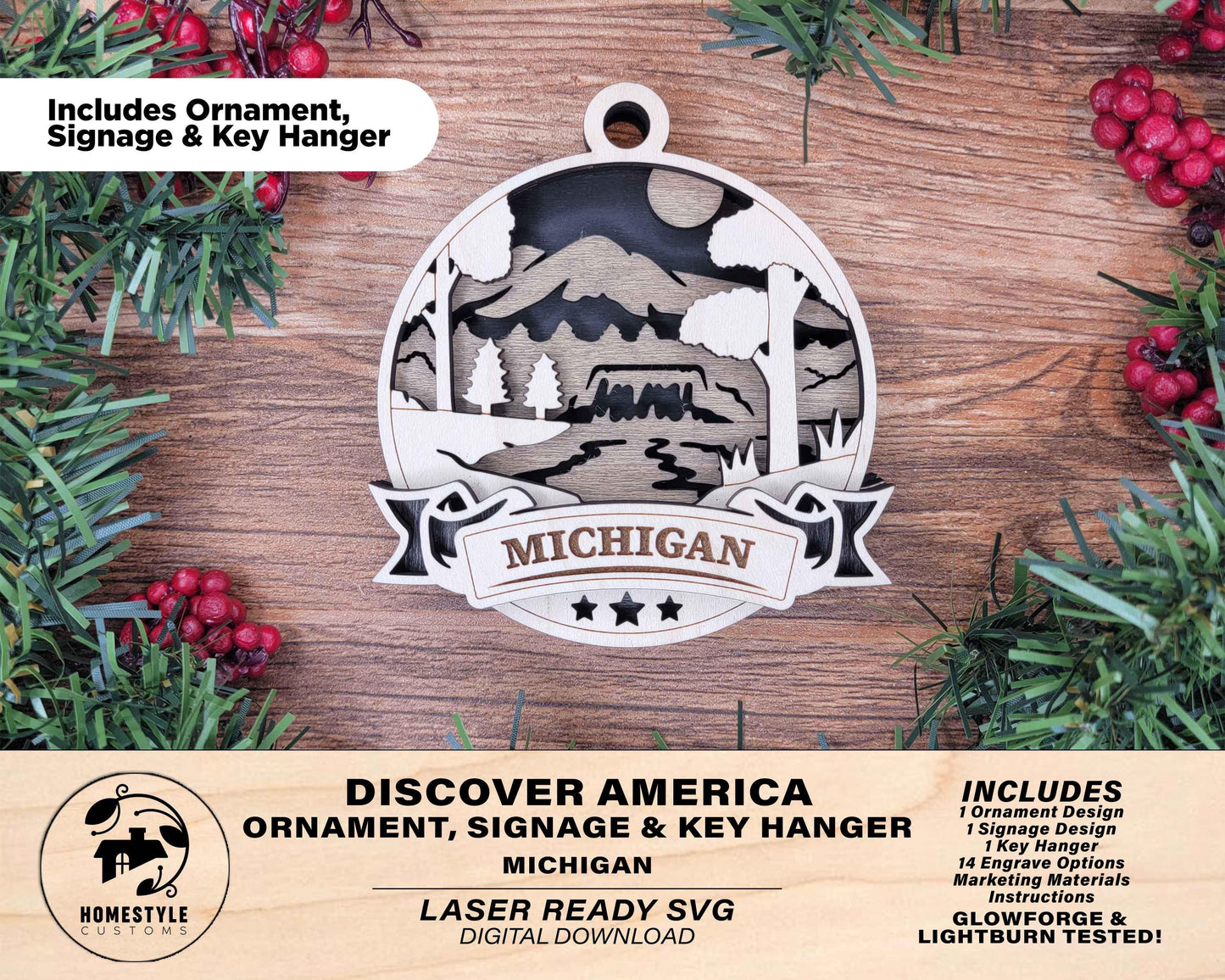 Michigan Discover America Set - Includes Ornaments, Signage & Key Hanger - SVG, PDF, AI File types - Works With All Lasers