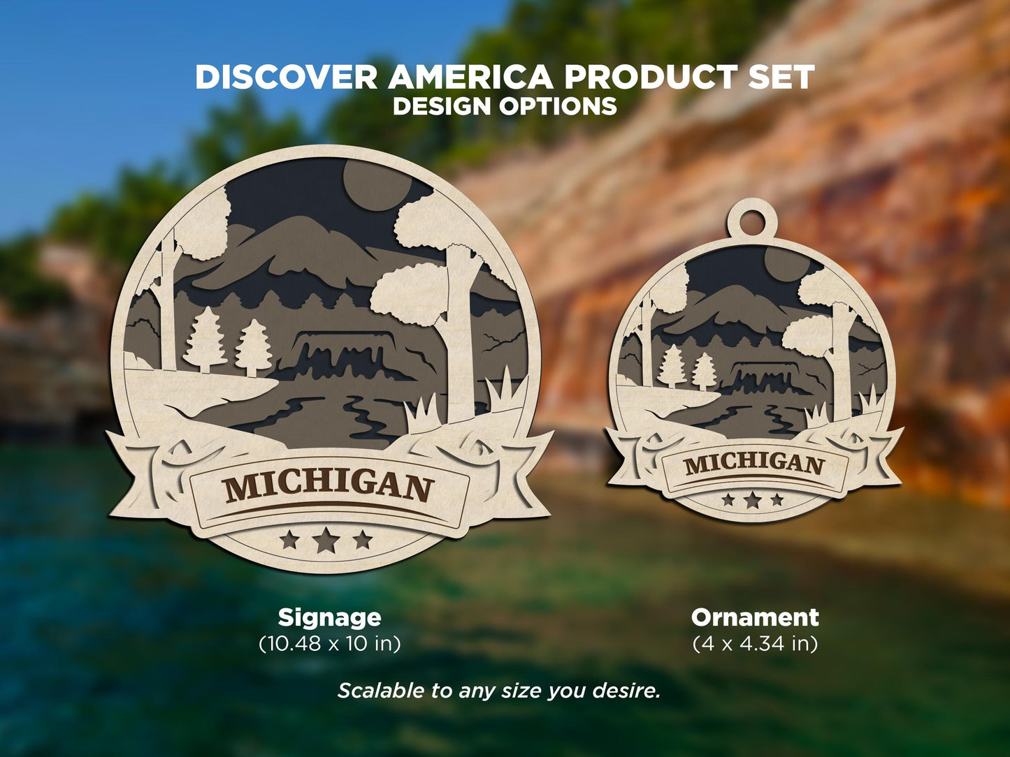 Michigan Discover America Set - Includes Ornaments, Signage & Key Hanger - SVG, PDF, AI File types - Works With All Lasers
