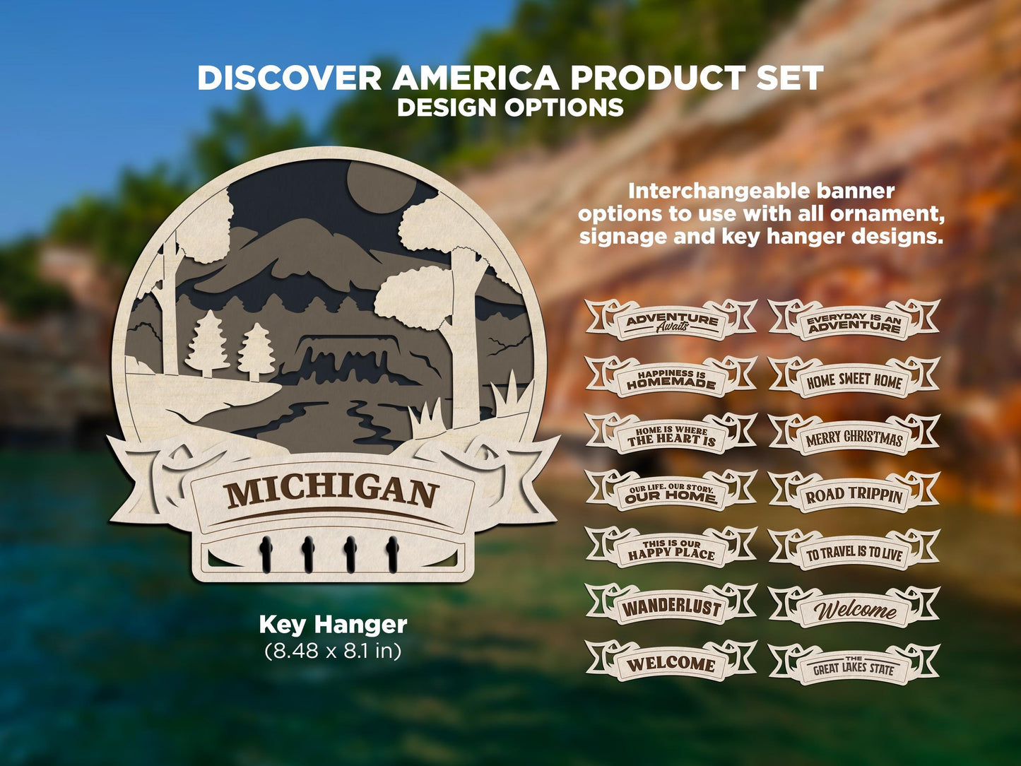 Michigan Discover America Set - Includes Ornaments, Signage & Key Hanger - SVG, PDF, AI File types - Works With All Lasers