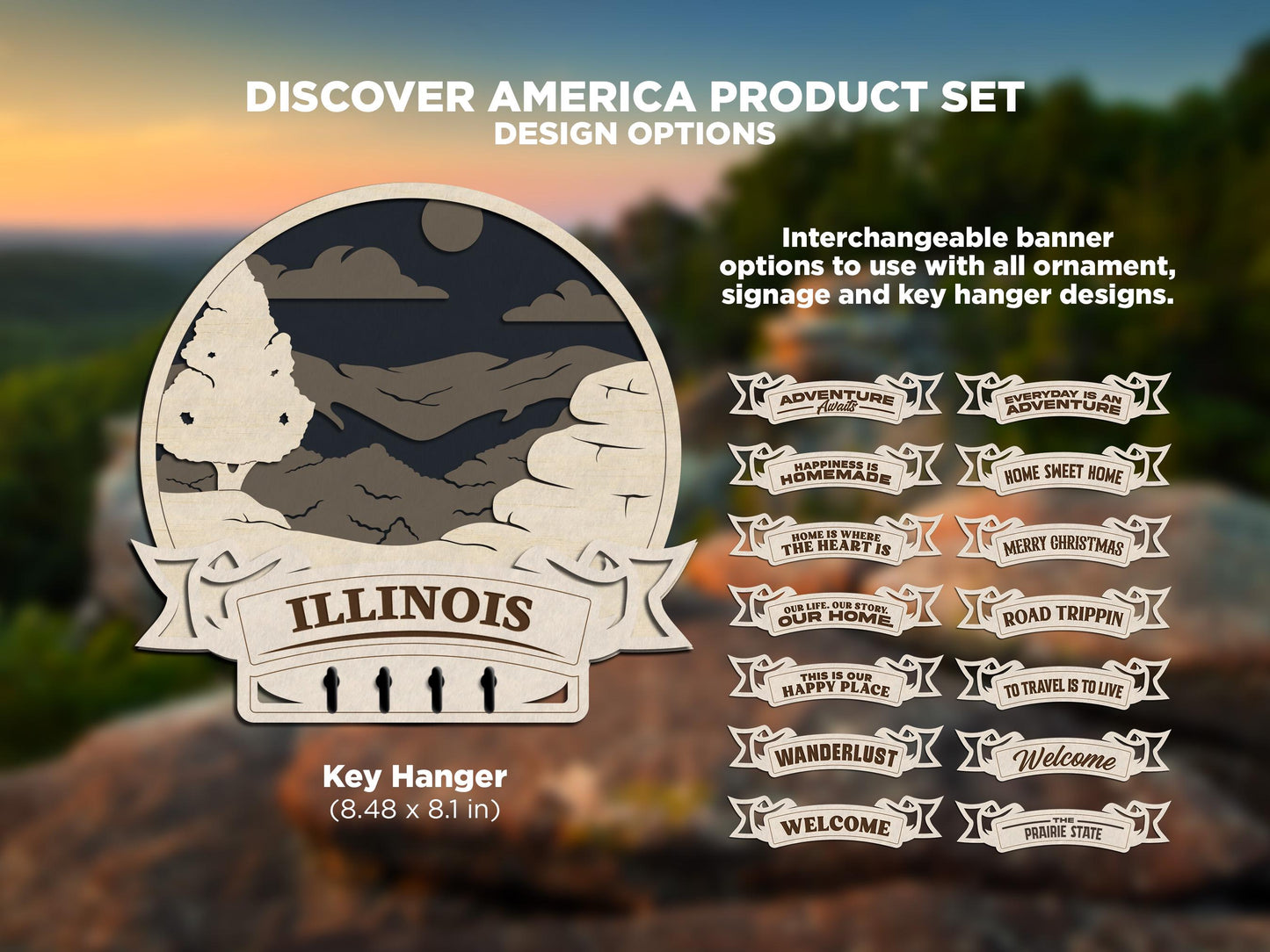 Illinois Discover America Set - Includes Ornaments, Signage & Key Hanger - SVG, PDF, AI File types - Works With All Lasers