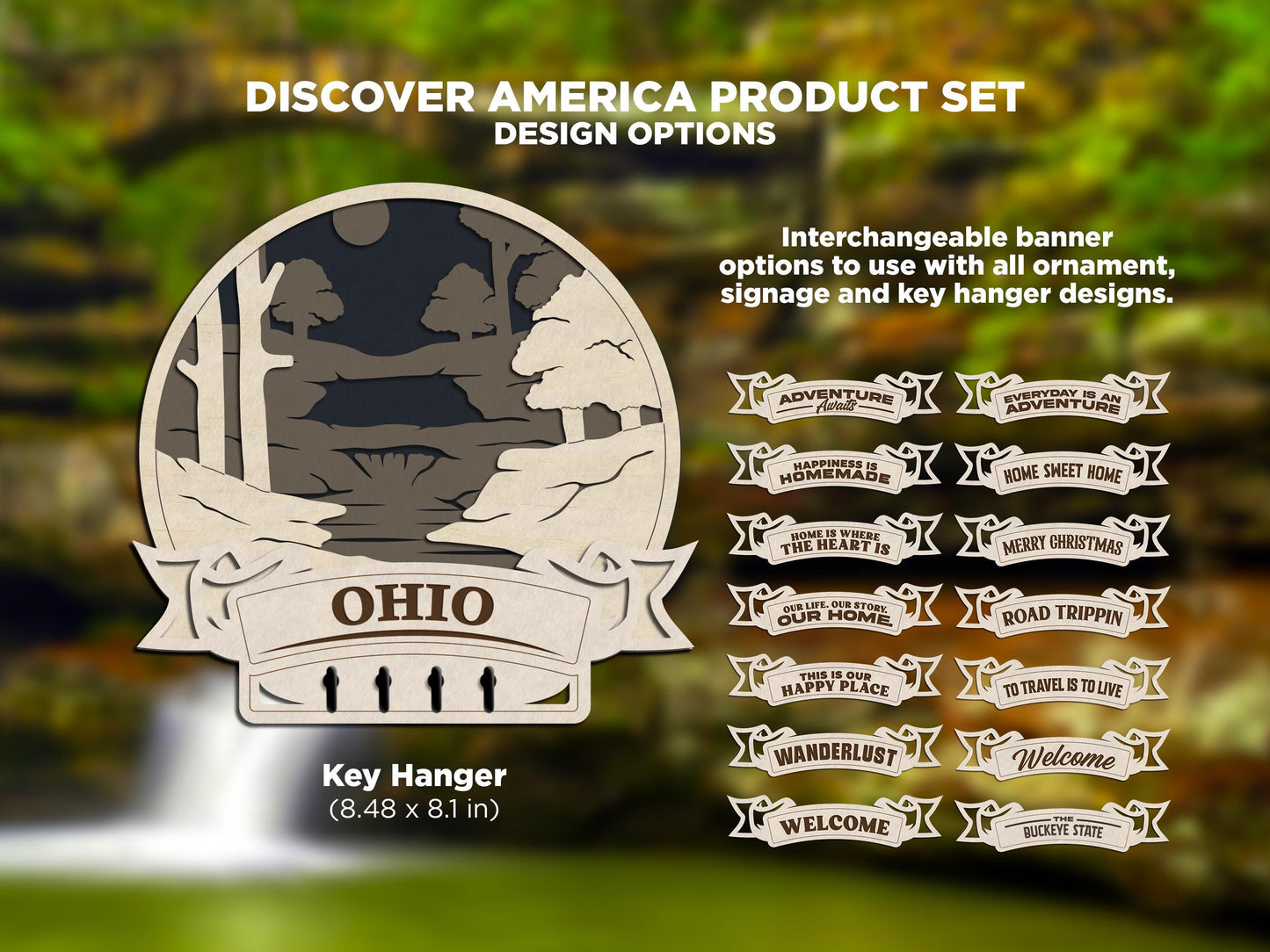 Ohio Discover America Set - Includes Ornaments, Signage & Key Hanger - SVG, PDF, AI File types - Works With All Lasers
