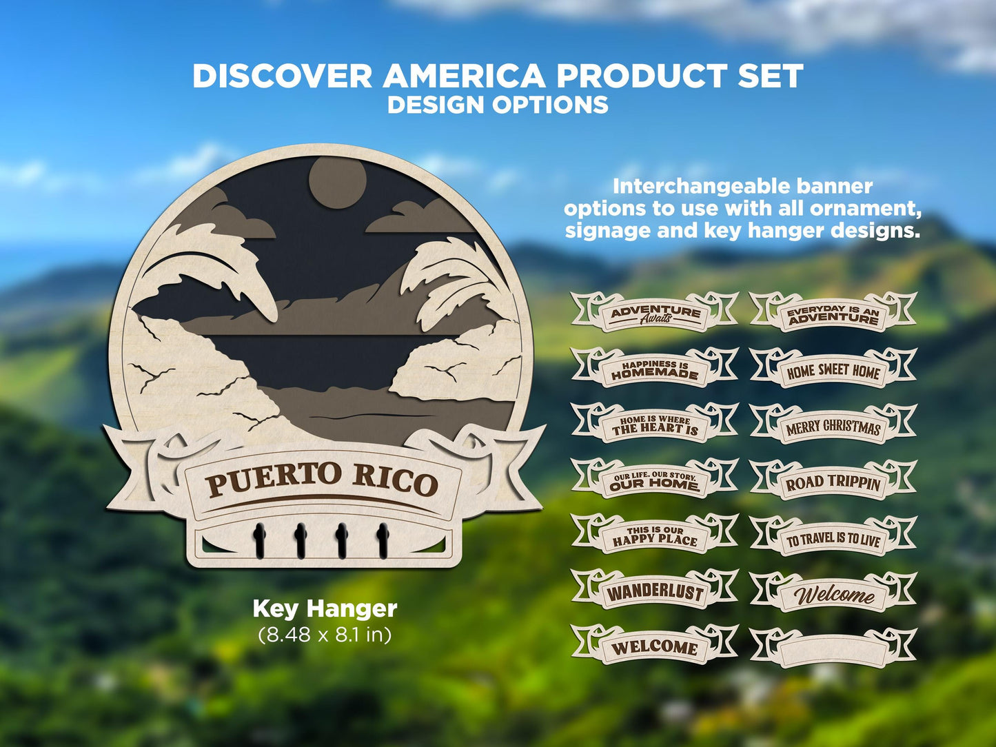 Puerto Rico Discover America Set - Includes Ornaments, Signage & Key Hanger - SVG, PDF, AI File types - Works With All Lasers