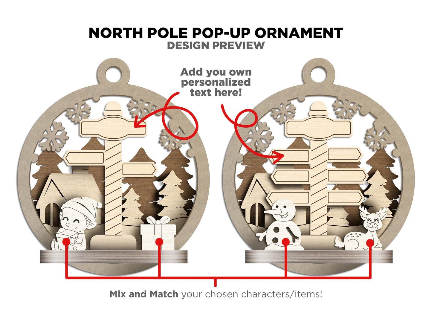 North Pole Pop-Up Ornament - Personalize with 2 to 8 Names - 7 Characters - SVG, PDF, AI File types - Works With All Lasers