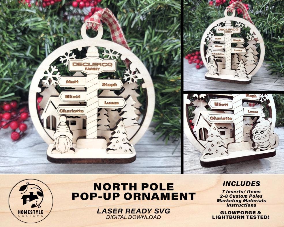 North Pole Pop-Up Ornament - Personalize with 2 to 8 Names - 7 Characters - SVG, PDF, AI File types - Works With All Lasers