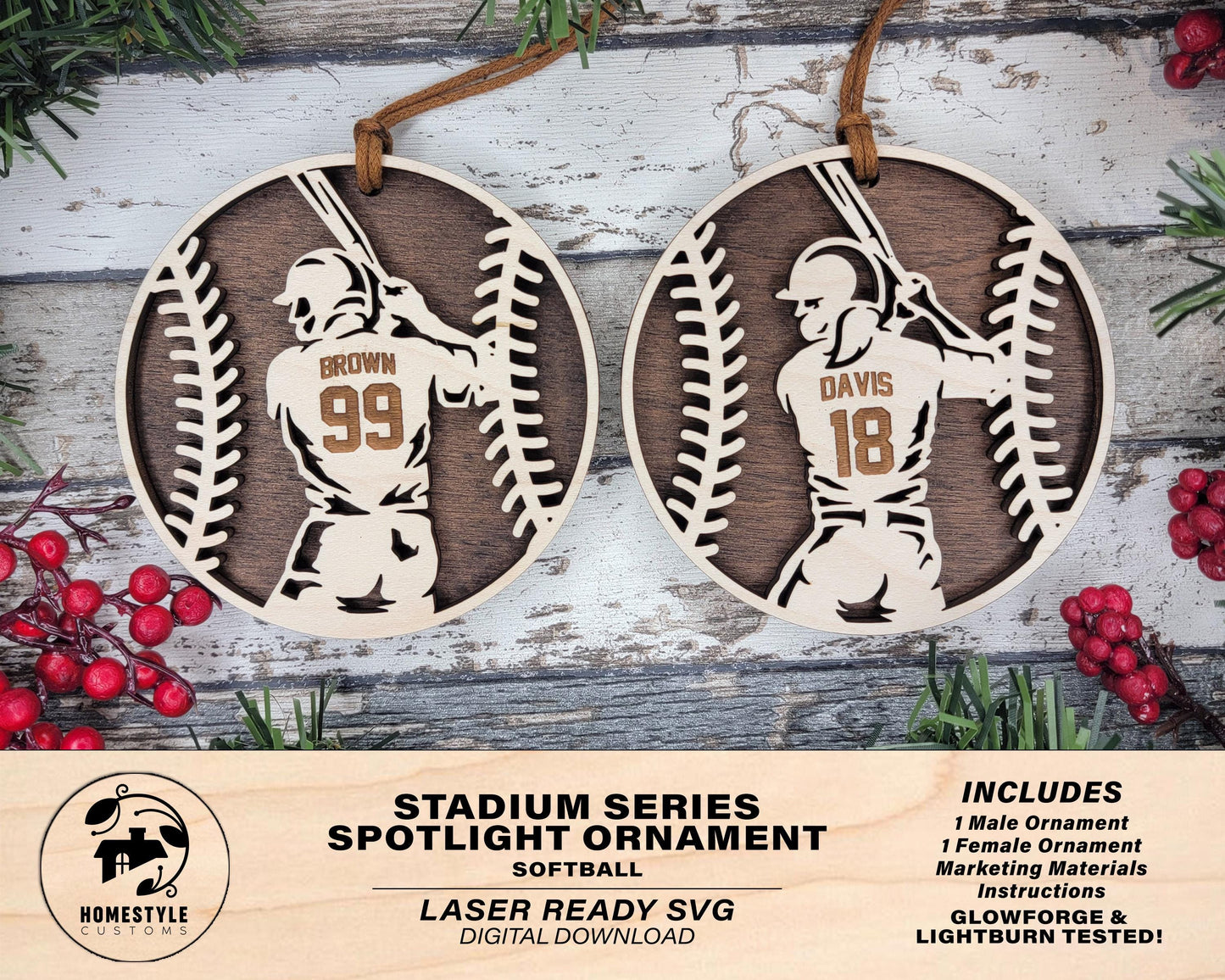Stadium Series Spotlight Ornaments - Softball Male and Female Options - SVG, PDF, AI File Download - Works with all Laser Types