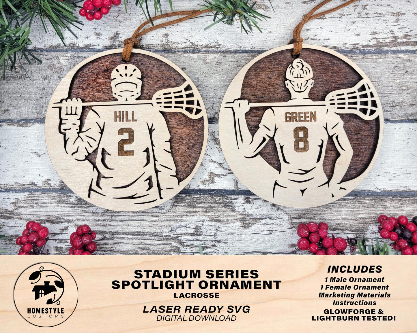 Stadium Series Spotlight Ornaments - Lacrosse Male and Female Options - SVG, PDF, AI File Download - Works with all Laser Types