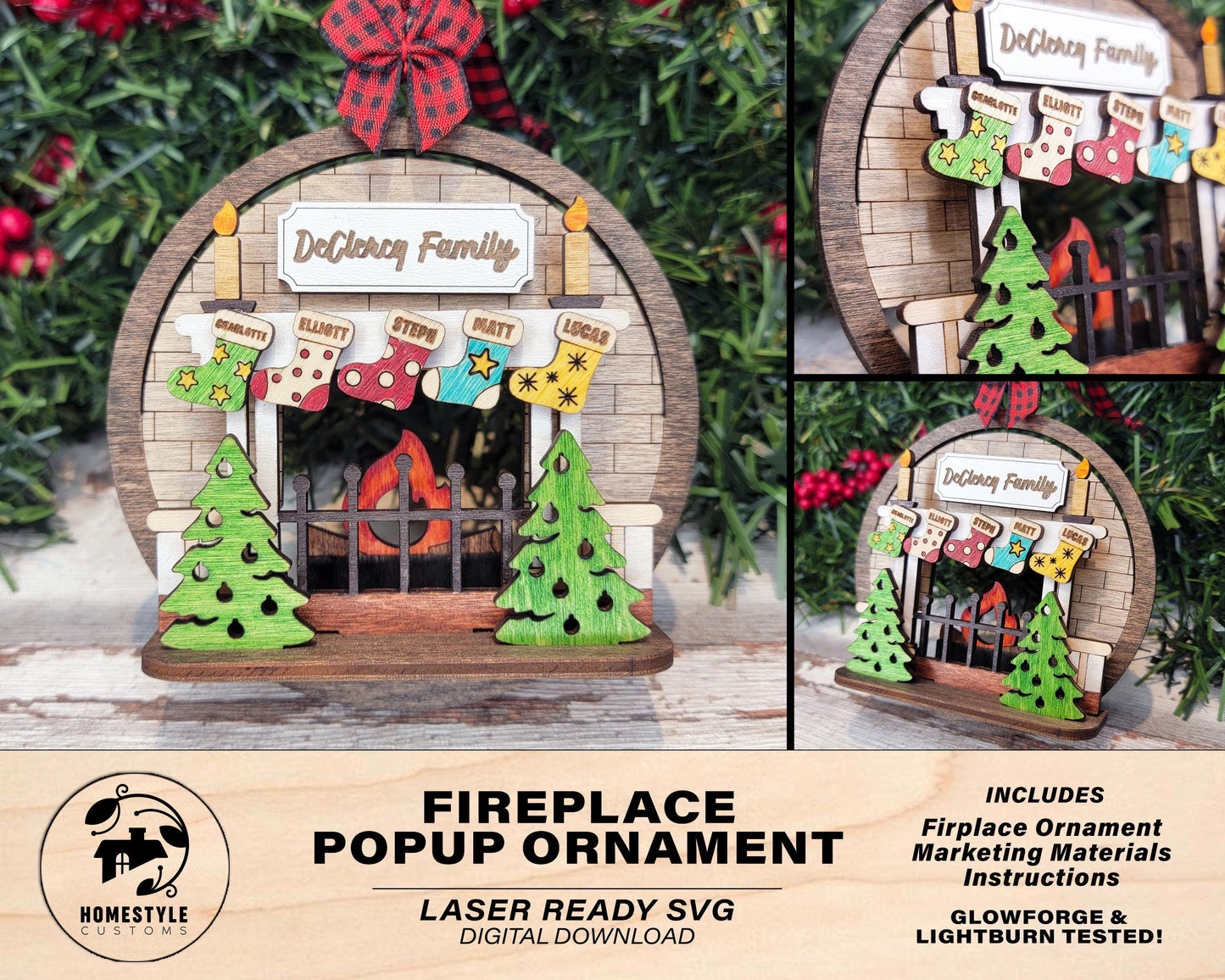 Fireplace Pop-Up Ornament - Personalize with up to 6 Names - SVG, PDF, AI File types - Works With All Lasers