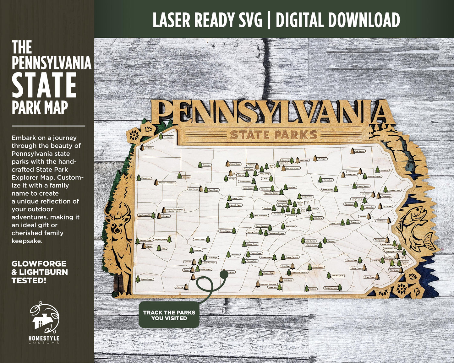 The Pennsylvania Park Map - Custom and Non Customizable Options - SVG, PDF File Download - Tested in Lightburn and Glowforge