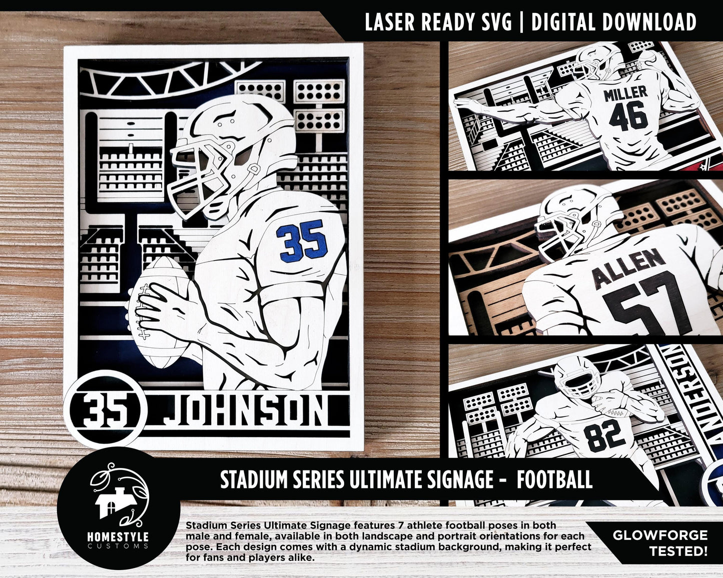 Stadium Series Ultimate Signage - Football - 7 poses Male and Female - 2 orientations - 28 designs - Works with all Laser Types