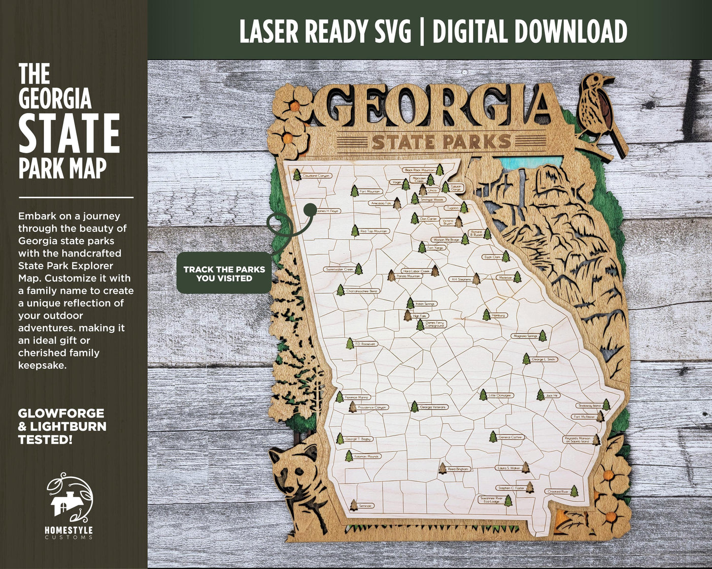 The Georgia State Park Map - Custom and Non Customizable Options - SVG, PDF File Download - Tested in Lightburn and Glowforge & Xtool