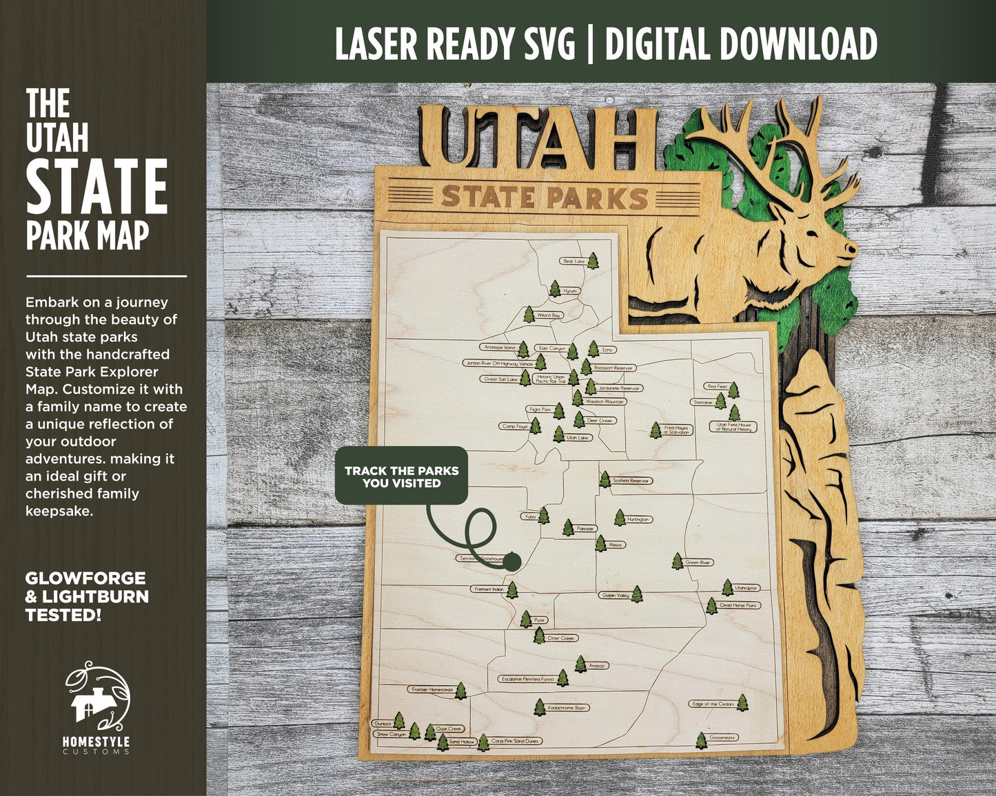 The Utah State Park Map - Custom and Non Customizable Options - SVG, PDF File Download - Tested in Lightburn and Glowforge