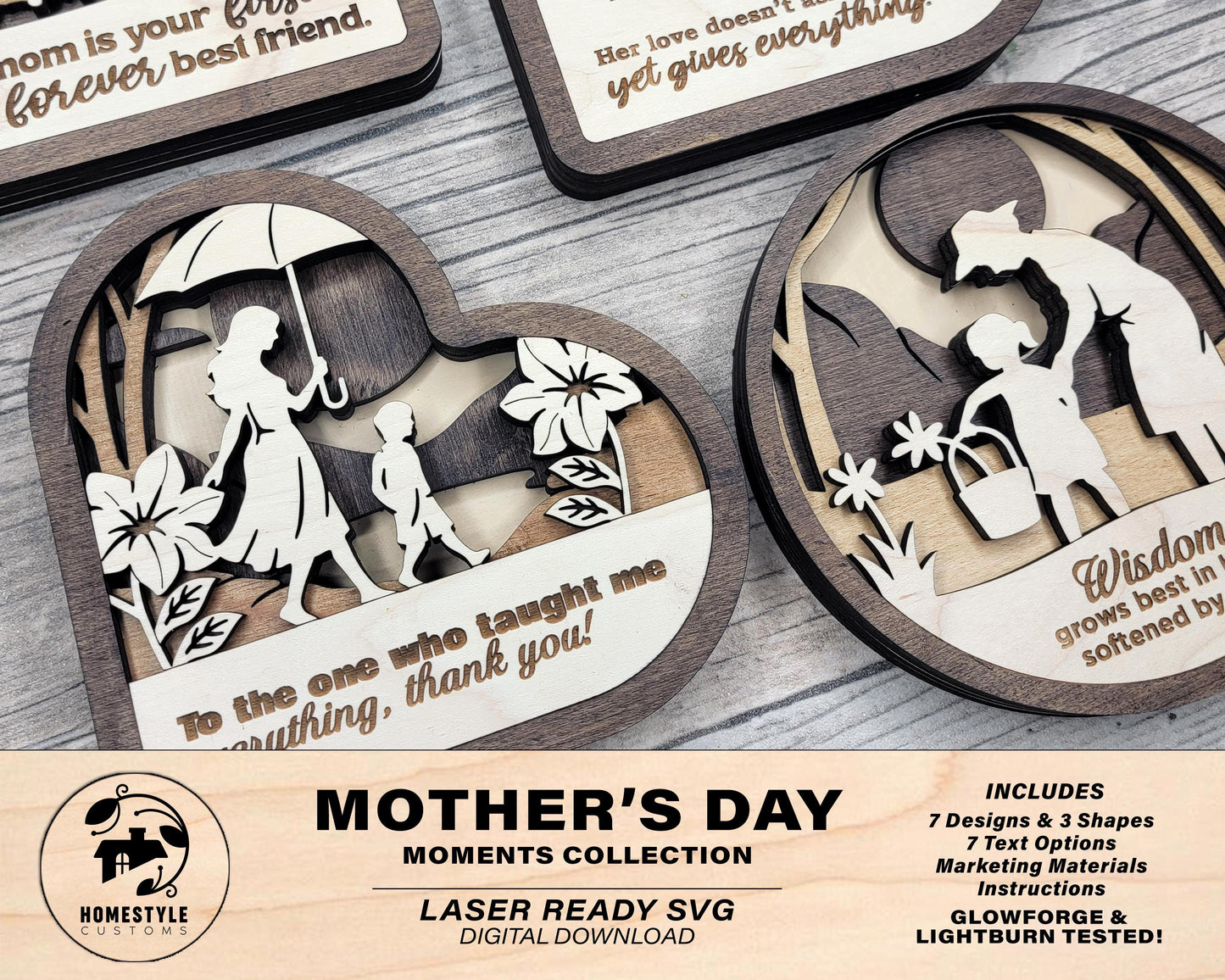 Mother Day Moments Collection - 7 Designs and 3 Shapes 7 Text Options - SVG, PDF, AI File Download - Works with all Laser Types