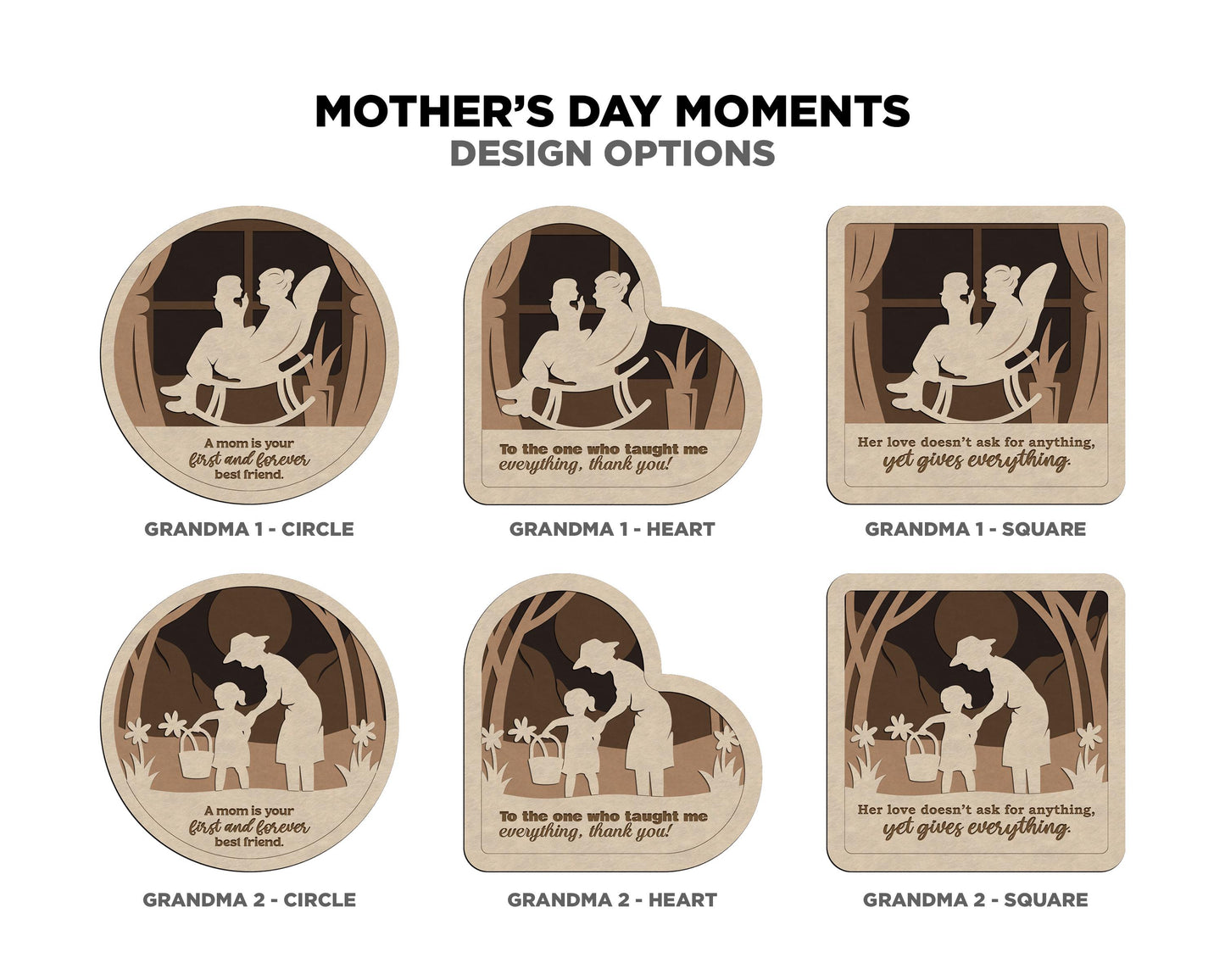 Mother Day Moments Collection - 7 Designs and 3 Shapes 7 Text Options - SVG, PDF, AI File Download - Works with all Laser Types