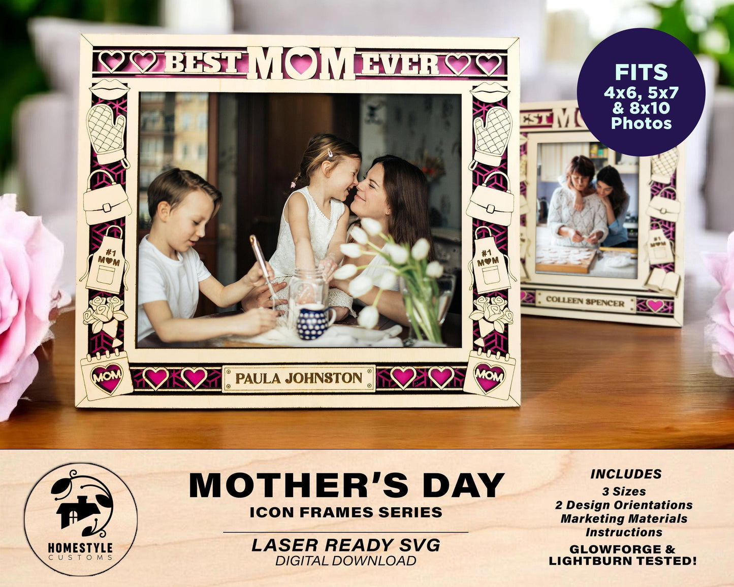 Mother's Day Icon Frames - Includes Frame Sizes 4x6, 5x7, 8x10 in Landscape and Portrait - Works with all Lasers