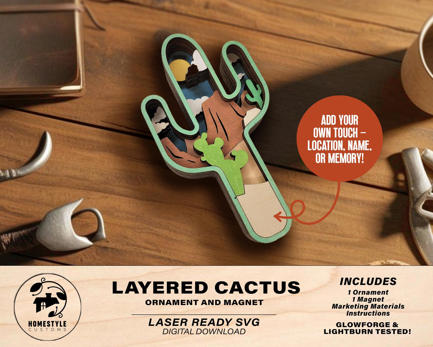 Layered Cactus - Ornament and Magnet - SVG, PDF, AI File Download - Works with all Laser Types