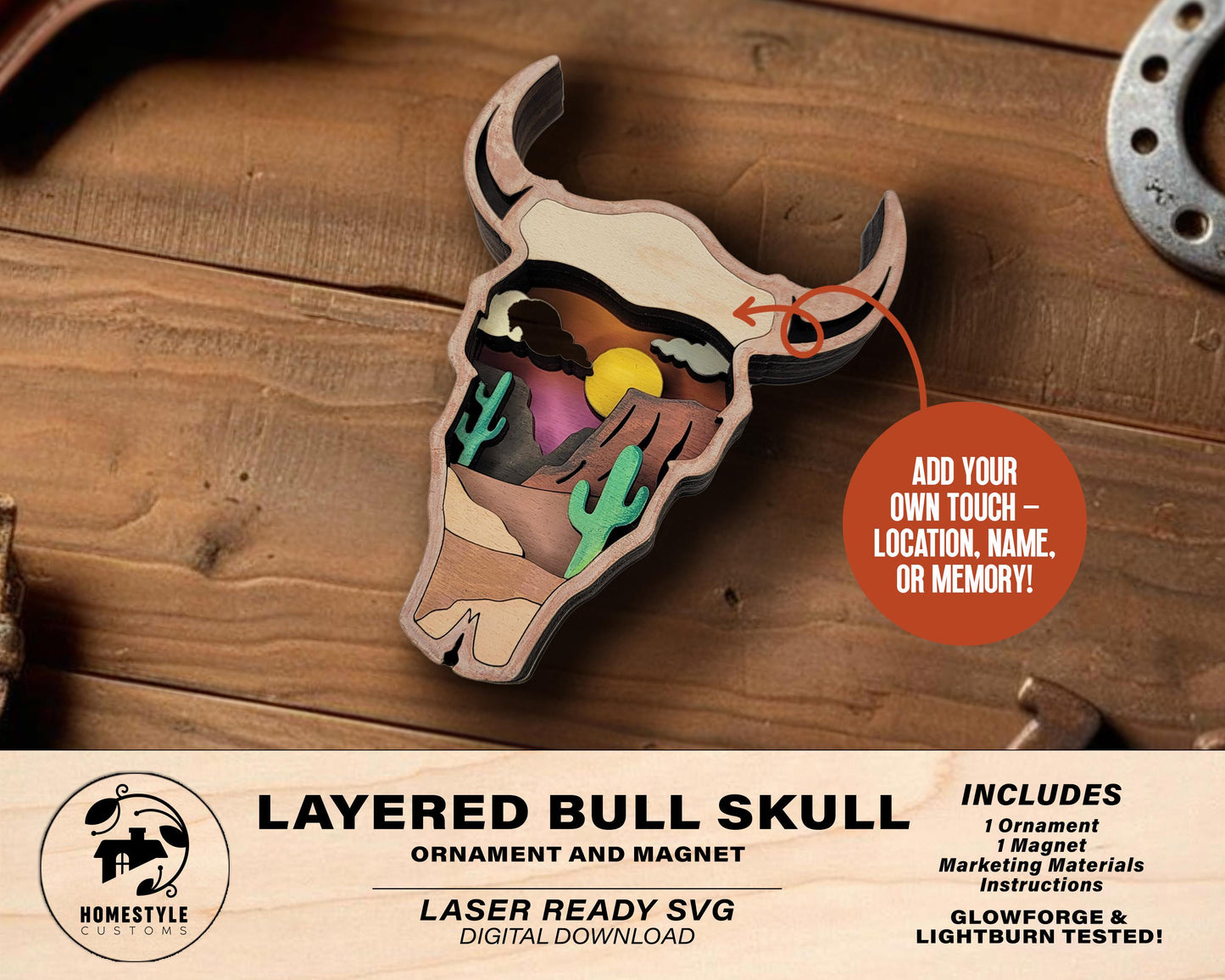 Layered Bull Skull - Ornament and Magnet - SVG, PDF, AI File Download - Works with all Laser Types