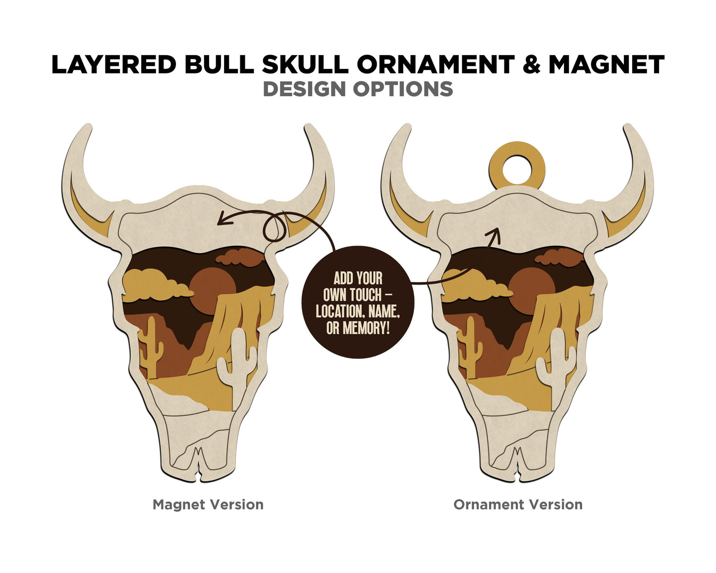 Layered Bull Skull - Ornament and Magnet - SVG, PDF, AI File Download - Works with all Laser Types