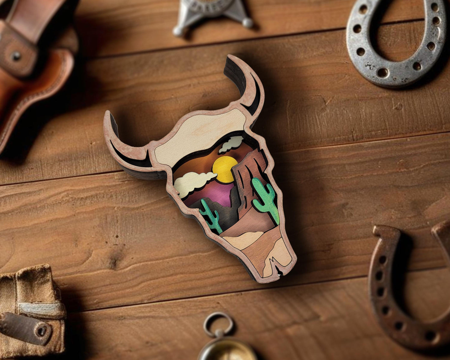 Layered Bull Skull - Ornament and Magnet - SVG, PDF, AI File Download - Works with all Laser Types