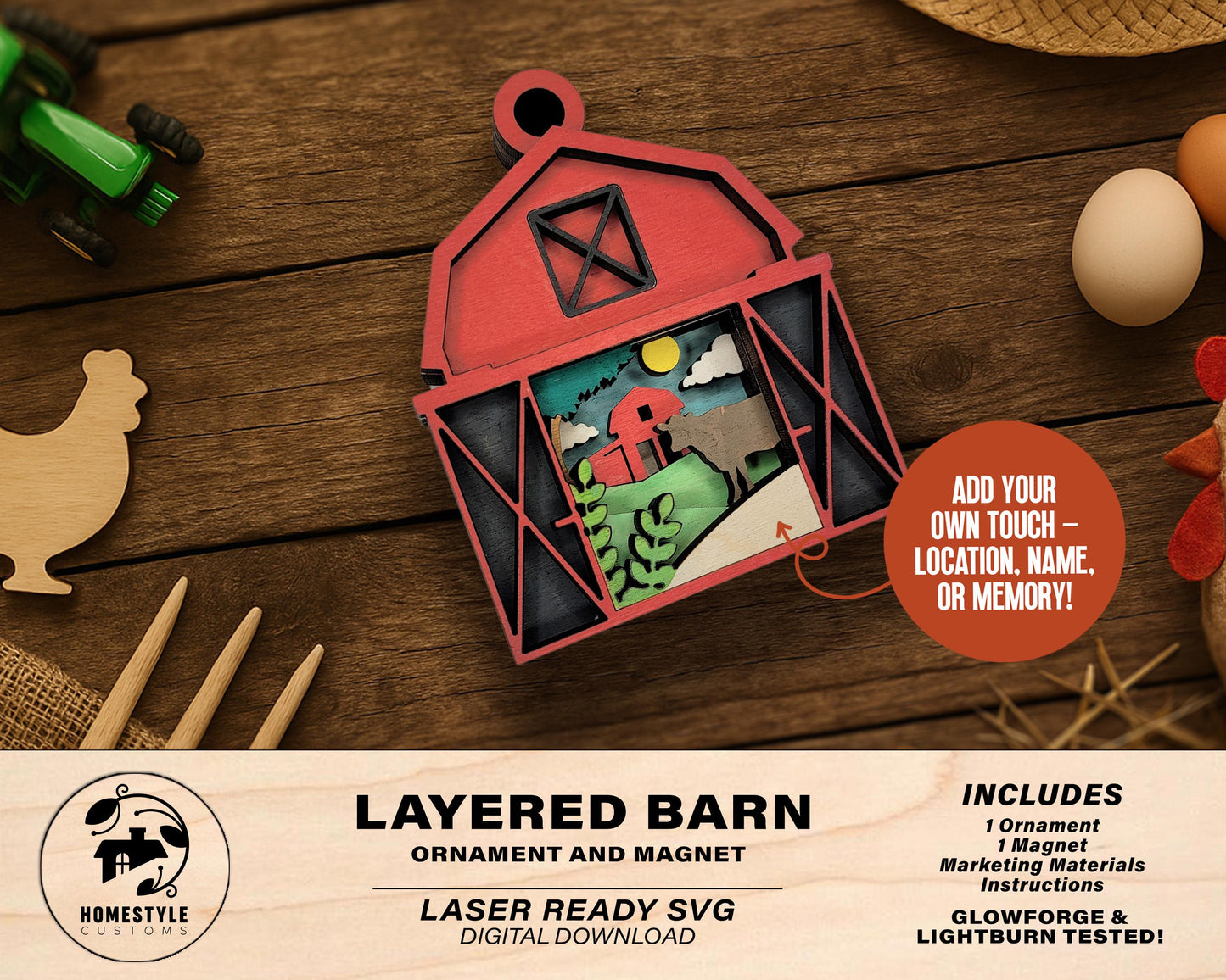 Layered Barn - Ornament and Magnet - SVG, PDF, AI File Download - Works with all Laser Types