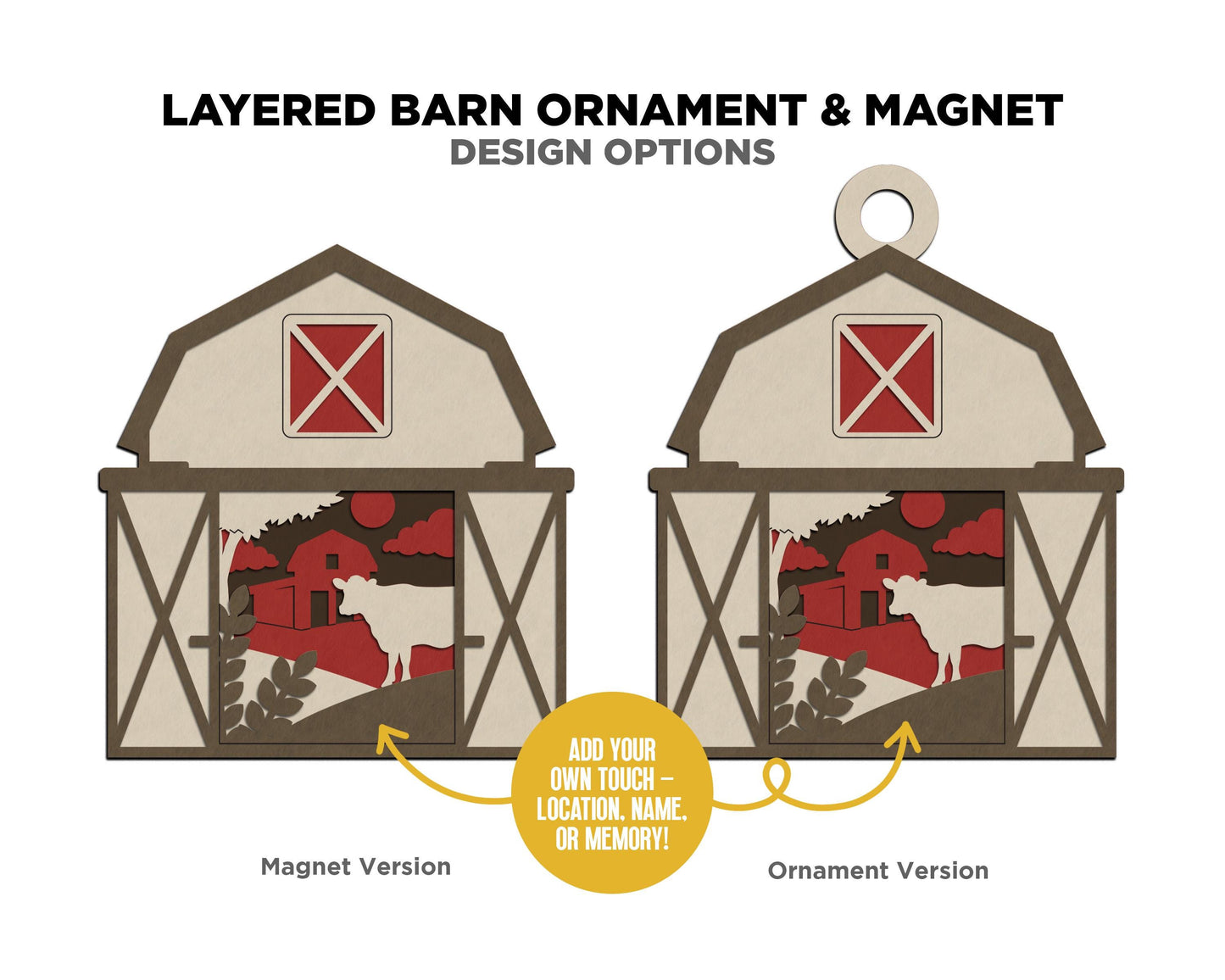 Layered Barn - Ornament and Magnet - SVG, PDF, AI File Download - Works with all Laser Types