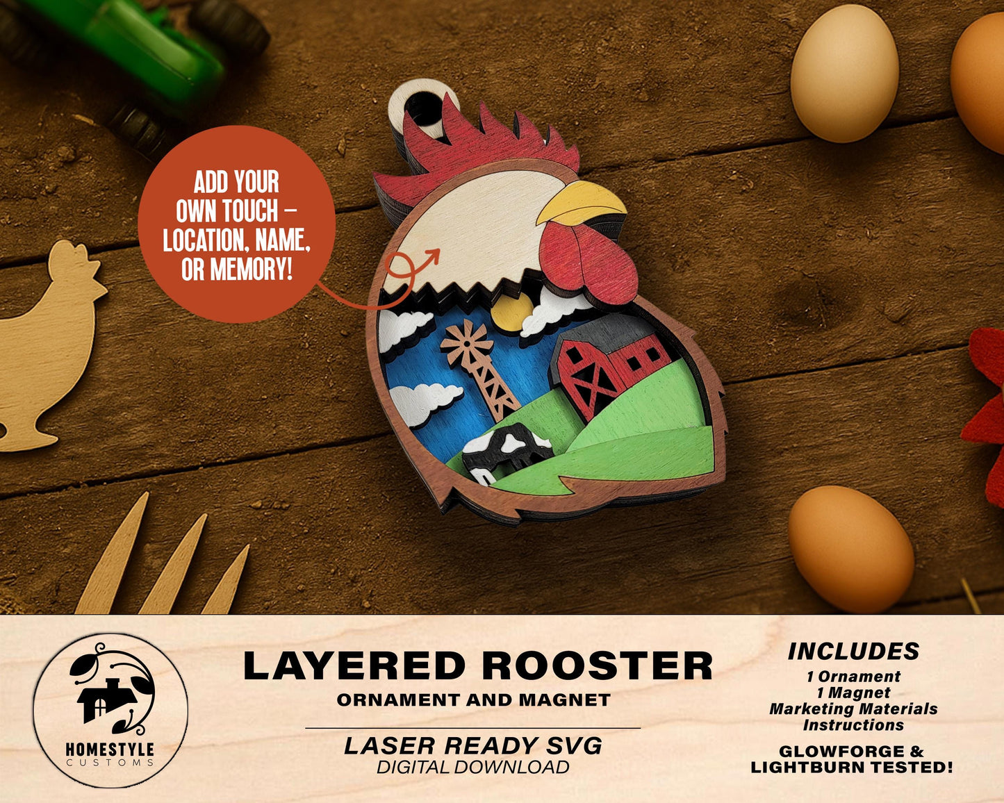 Layered Rooster - Ornament and Magnet - SVG, PDF, AI File Download - Works with all Laser Types