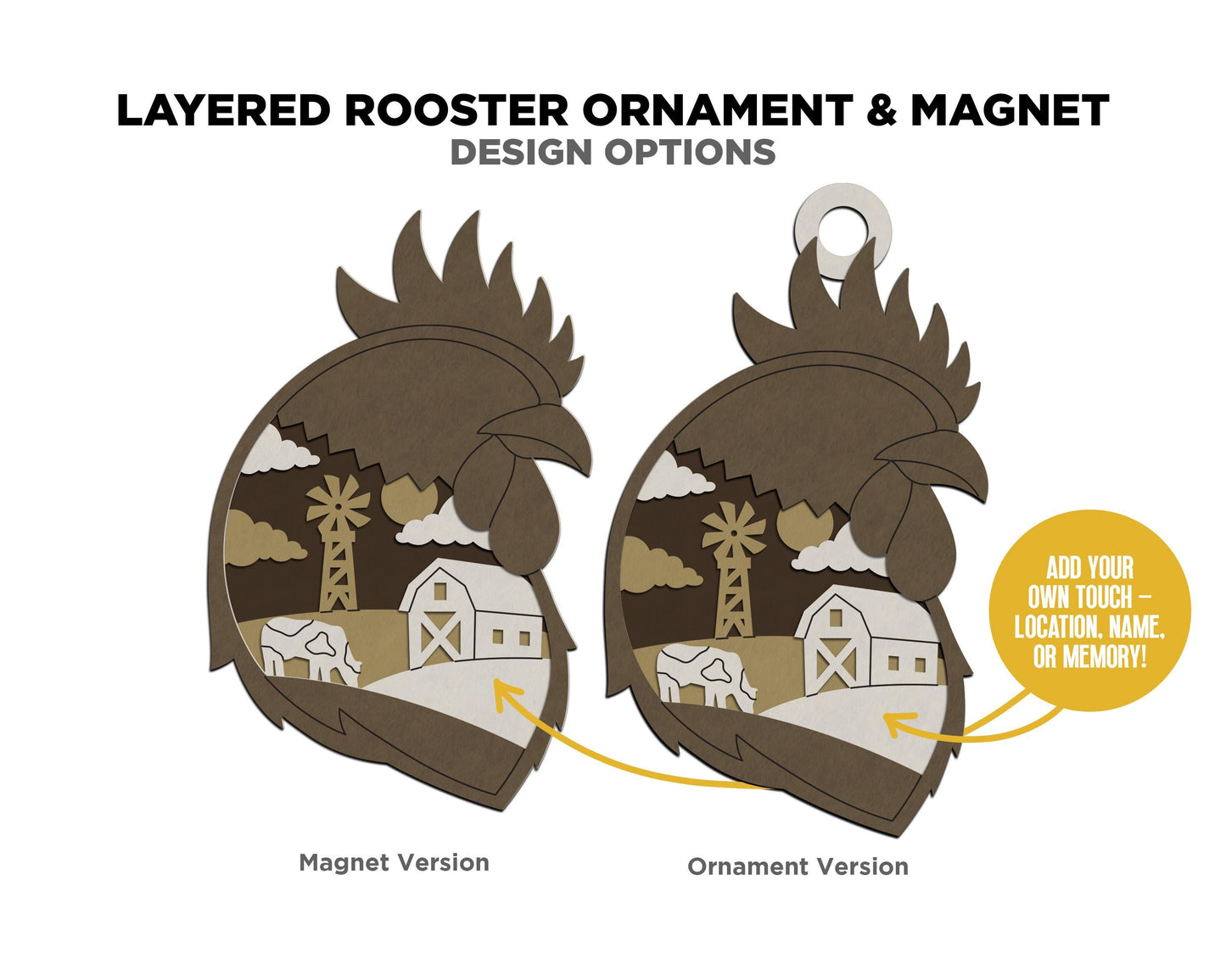 Layered Rooster - Ornament and Magnet - SVG, PDF, AI File Download - Works with all Laser Types