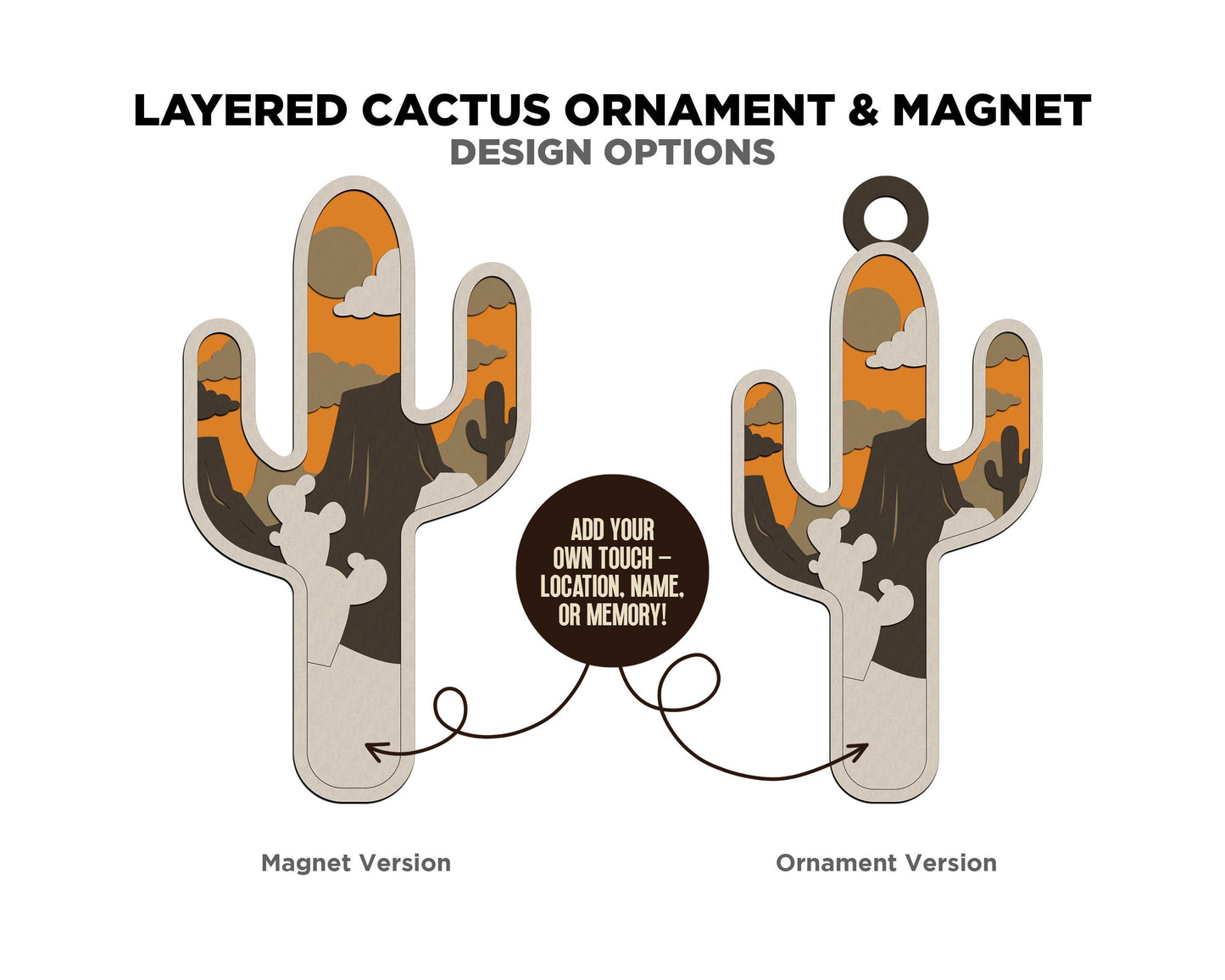 Layered Cactus - Ornament and Magnet - SVG, PDF, AI File Download - Works with all Laser Types