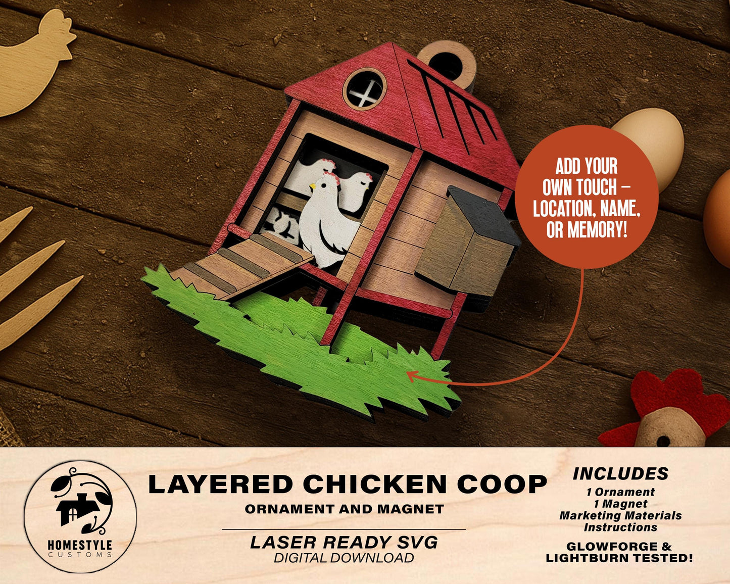 Layered Chicken Coop - Ornament and Magnet - SVG, PDF, AI File Download - Works with all Laser Types
