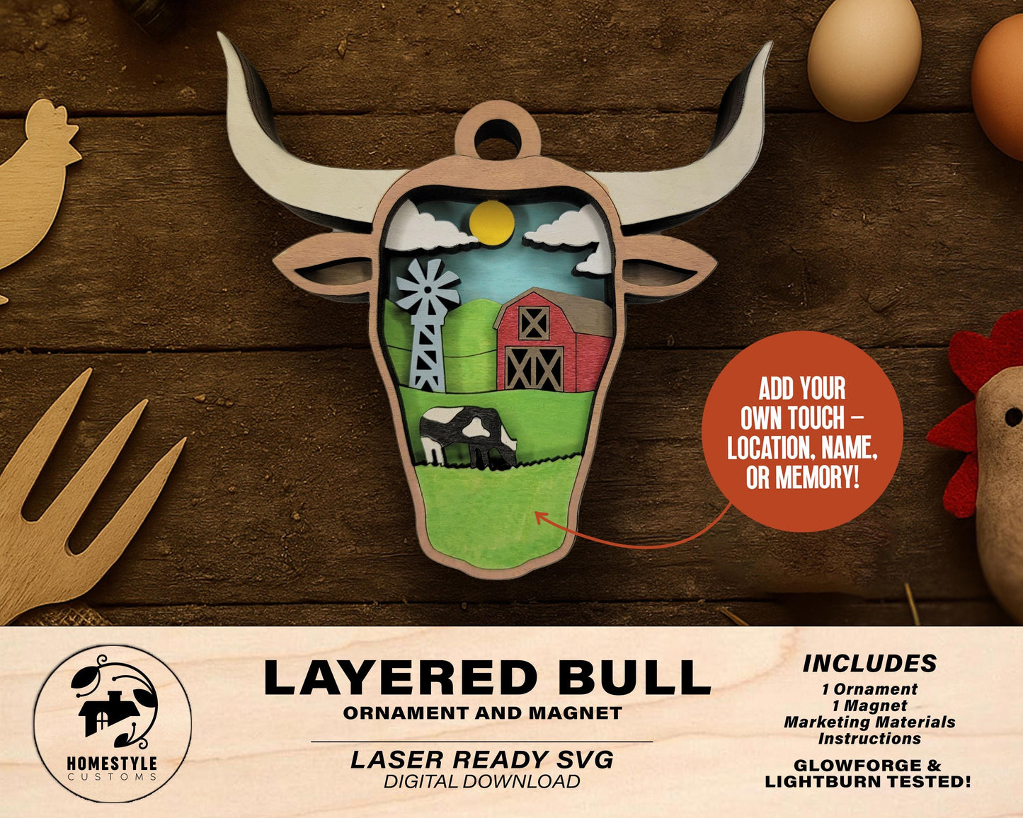 Layered Bull - Ornament and Magnet - SVG, PDF, AI File Download - Works with all Laser Types